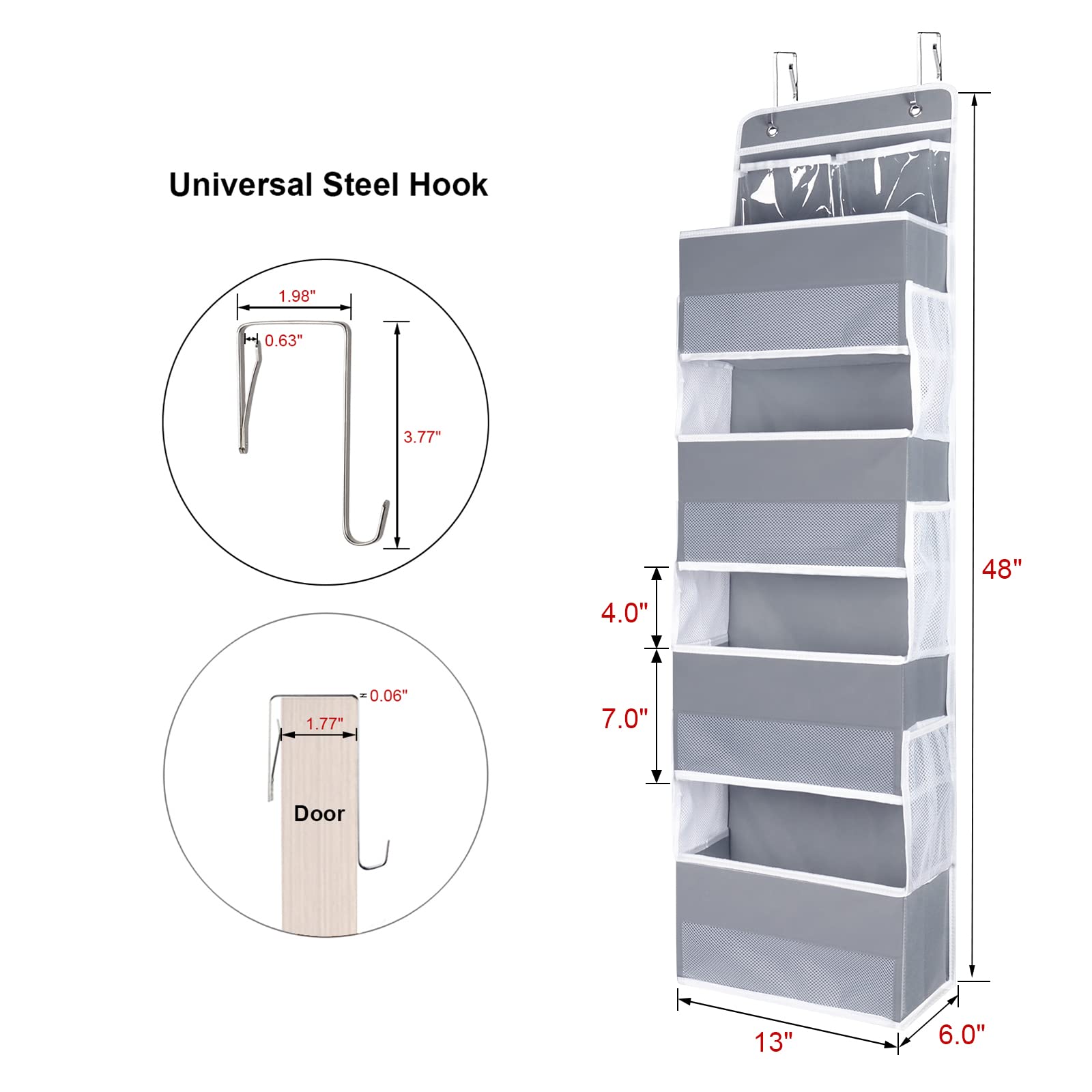 Univivi Over The Door Organizer - 5 Shelf Hanging Storage with 4 Large Compartments & 8 Pockets (2 PVC + 6 Side) for Bathroom, Nursery, Cosmetics | Space Saving Closet & Bedroom Organization Solution