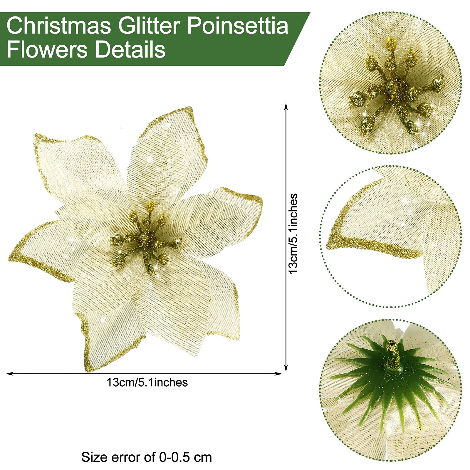 Gold Glitter Christmas Tree Ornaments - 40 Pack Artificial Poinsettia Flowers for Holiday Decor, Wedding Centerpieces & Wreath Decorations | Perfect for Xmas Tree, Mantel & Festive Home Decor