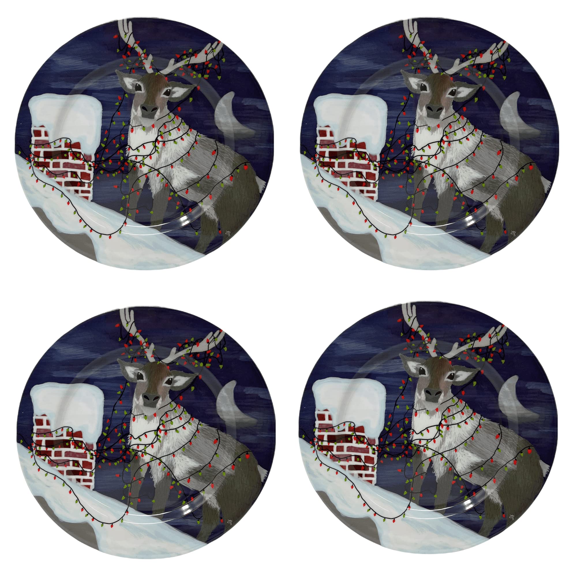 13-Inch Melamine Christmas Dinner Plates Set of 4 - Festive Reindeer Design for Holiday Parties, Winter Gatherings & Family Dinners - Durable & Dishwasher Safe