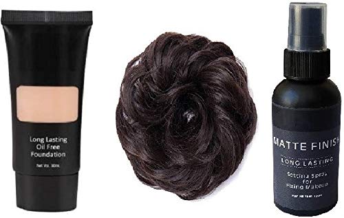 Sheny High Coverage Waterproof Foundation - 35g Long-Lasting Matte Makeup for All-Day Wear | Synthetic Hair Bun Extension & Natural Black Juda Hairpiece for Women & Girls | Strong Hold Fixing Spray for Secure Styling - Perfect for Weddings, Cosplay, and Daily Use