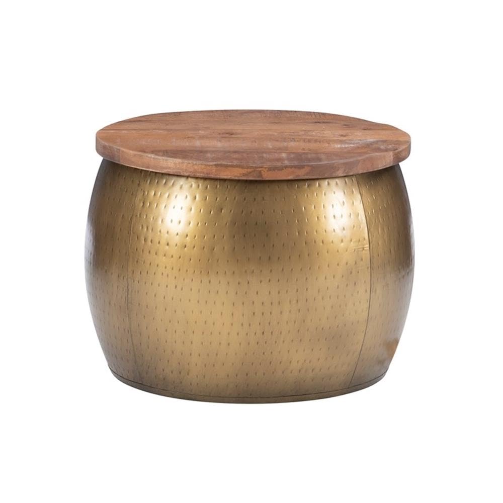 Pemberly Row Modern Large Wood and Metal Drum Side Table with Storage in Brass - Perfect for Living Room, Bedroom, or Office Decor