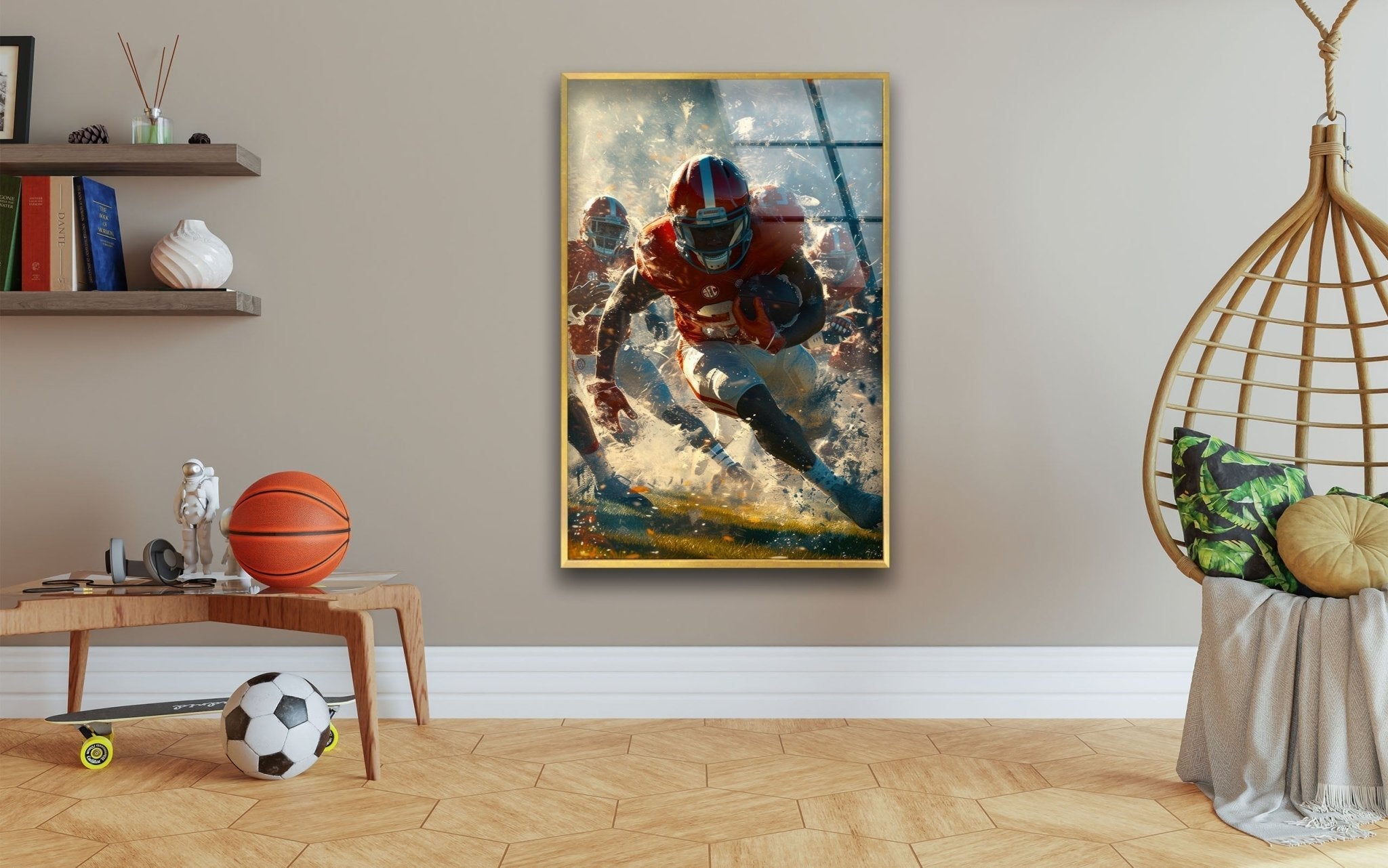 American Football Glass Wall Art Decor - Handmade Sports Fan Gift for Home, Office, Man Cave - Perfect for Game Room, Sports Bar & Football Themed Parties