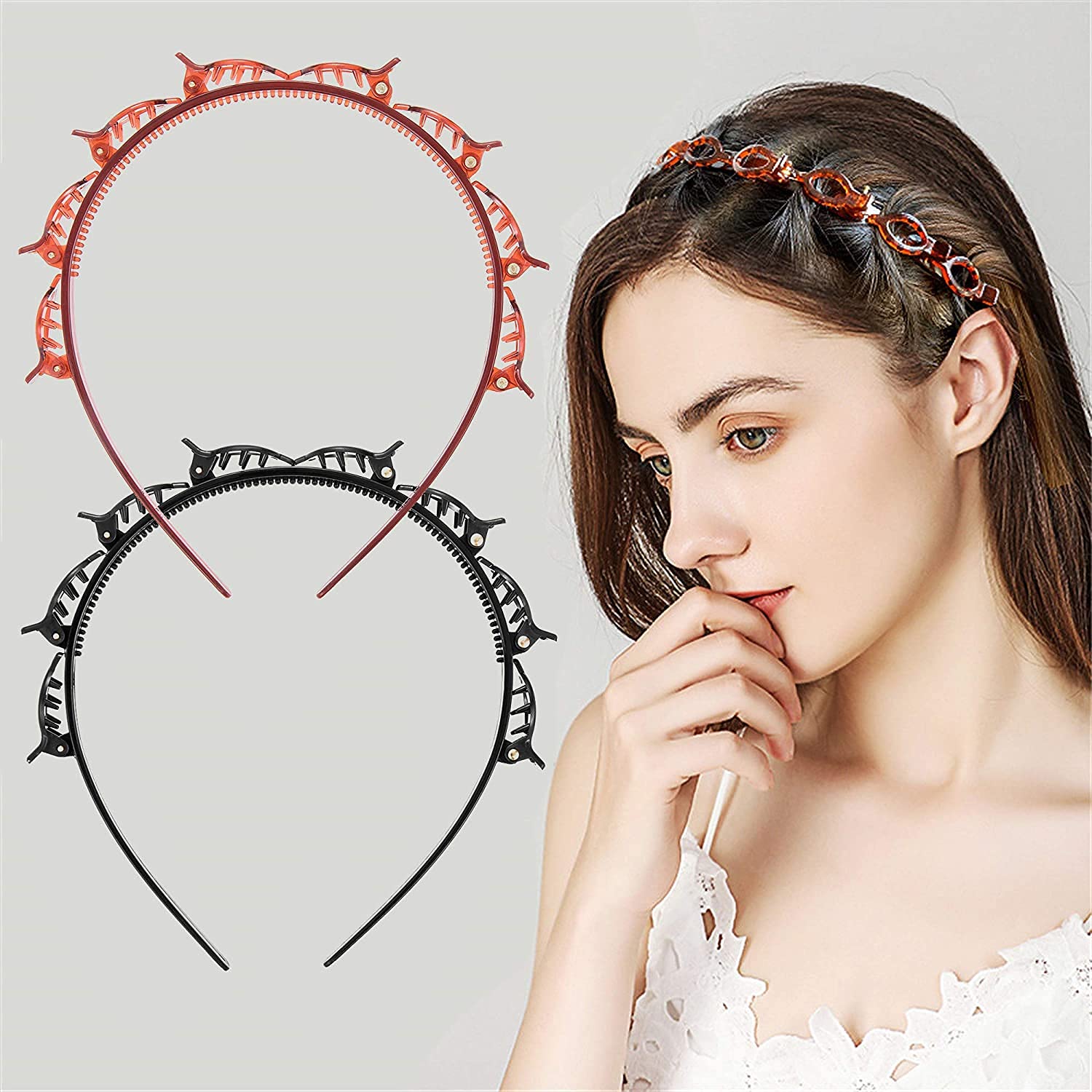 Double Layer Twist Plait Plastic Headband with Alligator Clips - Women & Girls Hair Accessories (2-Pack, Black & Brown) | Perfect for School, Work, and Everyday Styling