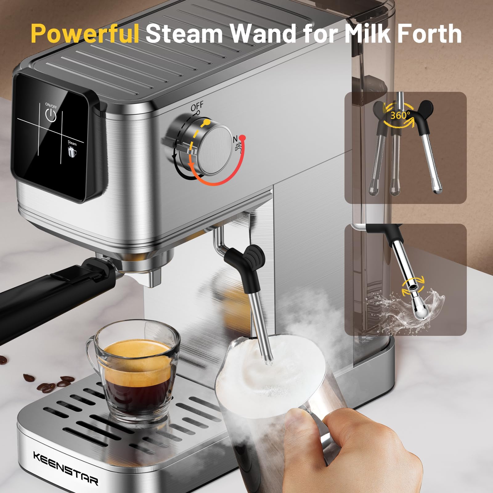 20Bar Espresso Coffee Machine with Rapid Cold Brew & Steam Wand - Touch Screen, 37oz Water Tank - Perfect for Latte, Cappuccino & Iced Coffee - Ideal Gift for Coffee Lovers (Home, Office, Cafe Use)