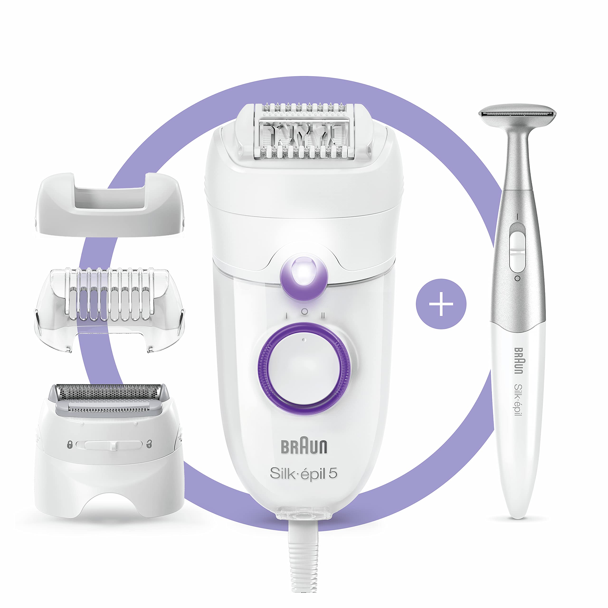 Braun Silk-épil 5 Power Epilator for Women - Electric Hair Removal Device with Shaver Head & Bikini Trimmer - Includes Mini Facial Hair Remover - Portable White/Purple Design - Perfect for Travel, Home Use & Smooth Skin Care