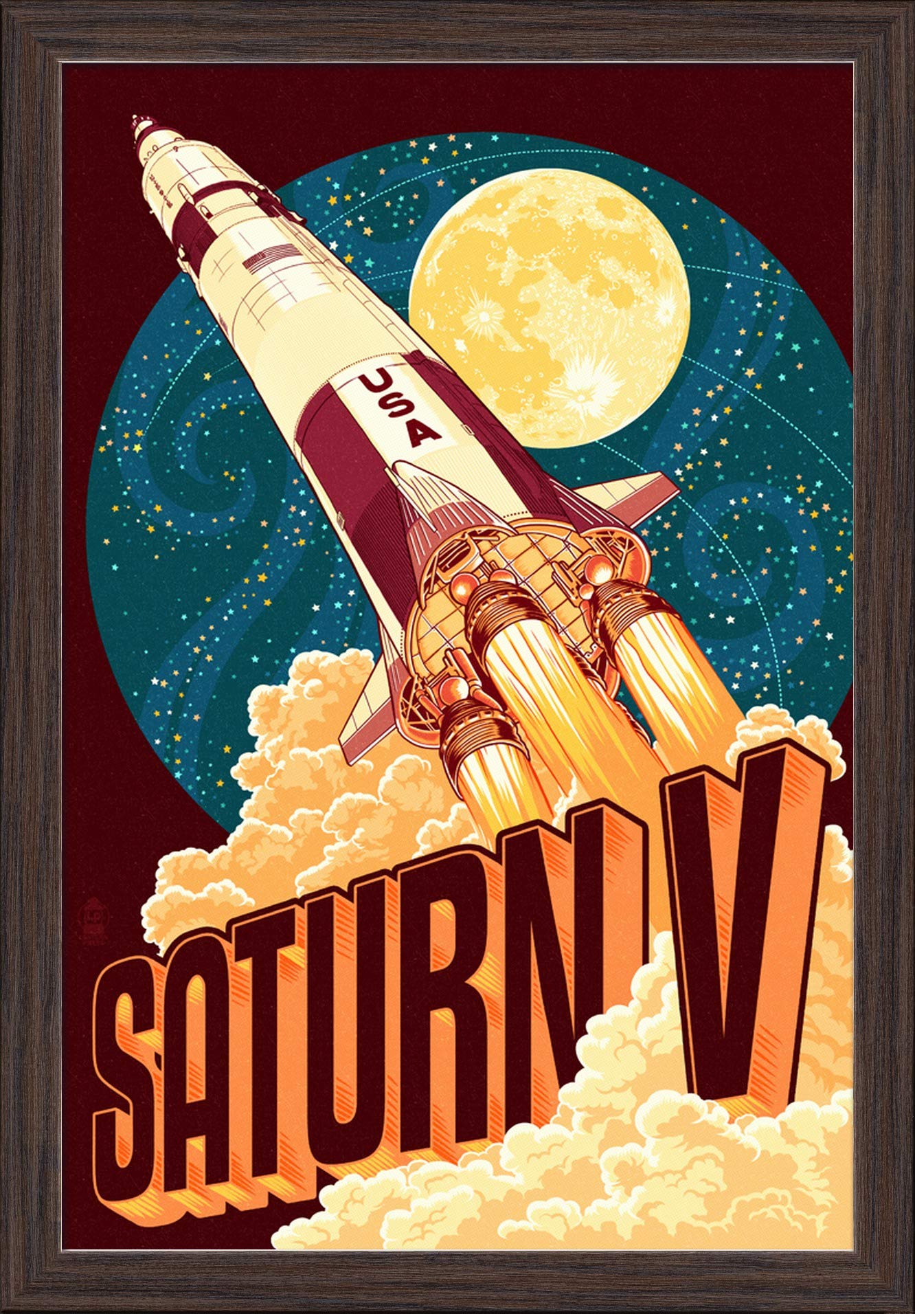 Saturn V Styalized 16x24 Giclee Fine Art Print - Premium Recycled Wood Frame in Espresso Brown - Perfect for Home Office Decor & Space Enthusiast Gifts