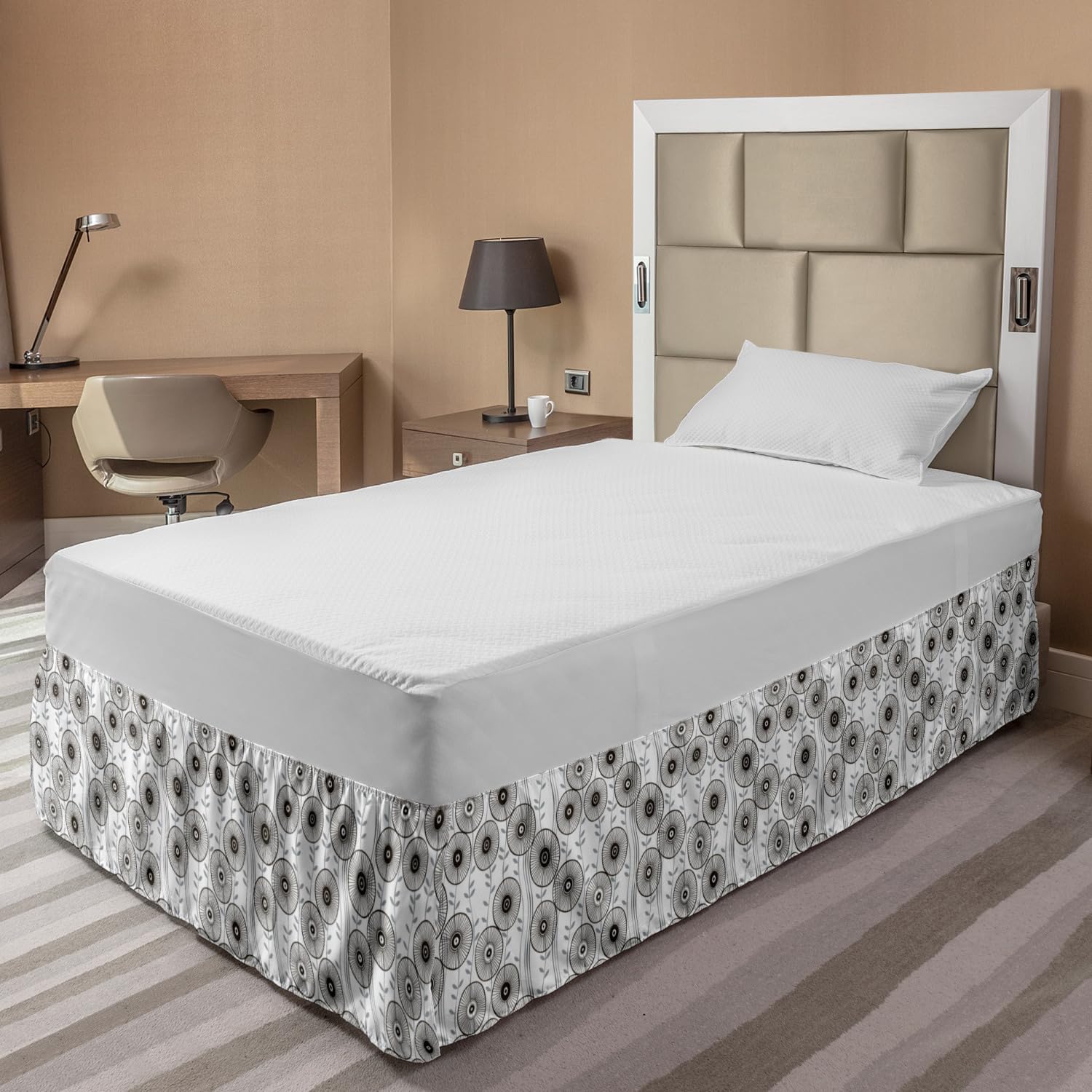 Ambesonne Abstract Bed Skirt - Modern Wagon Wheel Design with Twiggy Lines & Leaves, Wrap Around Elastic Gathered Bedding Accessory for Twin/Twin XL Beds, Dark Taupe Grey | Perfect for Bedroom Decor & Guest Room Styling