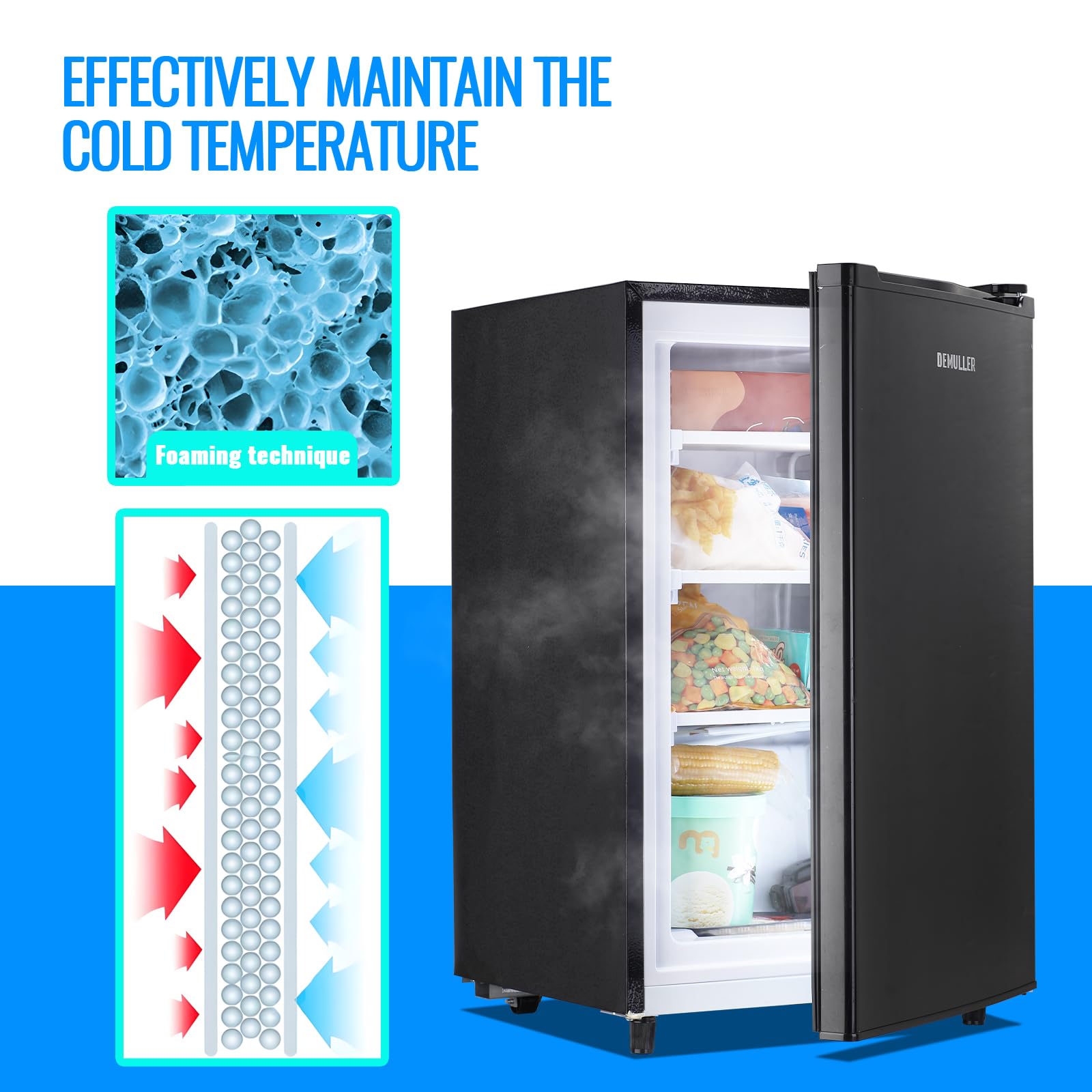 3.2 Cu.Ft Upright Freezer - Compact Single Door Freezer with 7 Adjustable Thermostat & Rapid Cooling Technology - Perfect for Home, Kitchen, Dorm, Office or Garage - Energy Efficient Stand-Up Freezer in Black