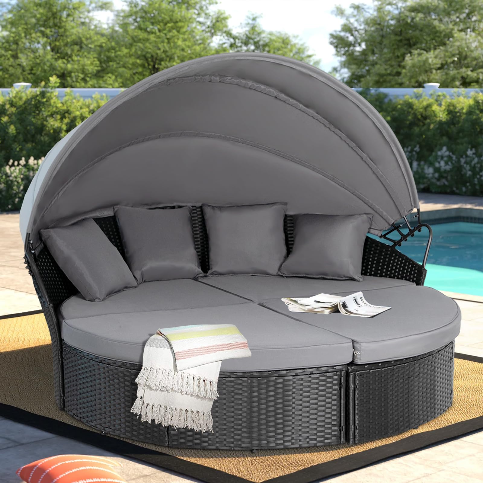 Outdoor Patio Furniture Set - 4-Piece Round Canopy Daybed with Cushioned Seats, Black Wicker Sofa for Poolside, Garden & Backyard Relaxation | Grey Weather-Resistant Design