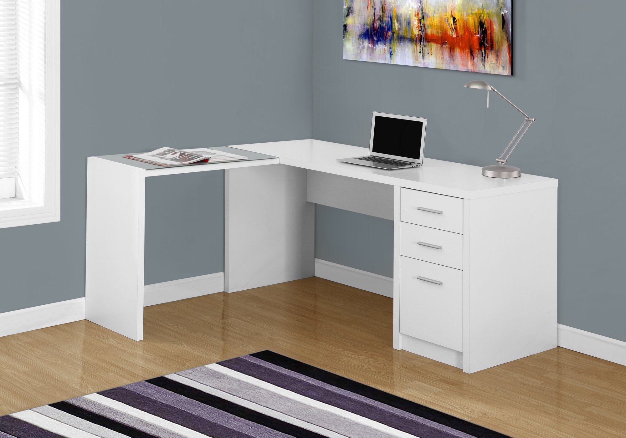 White Corner Desk with Tempered Glass Top - Modern Office Furniture for Home & Workspace