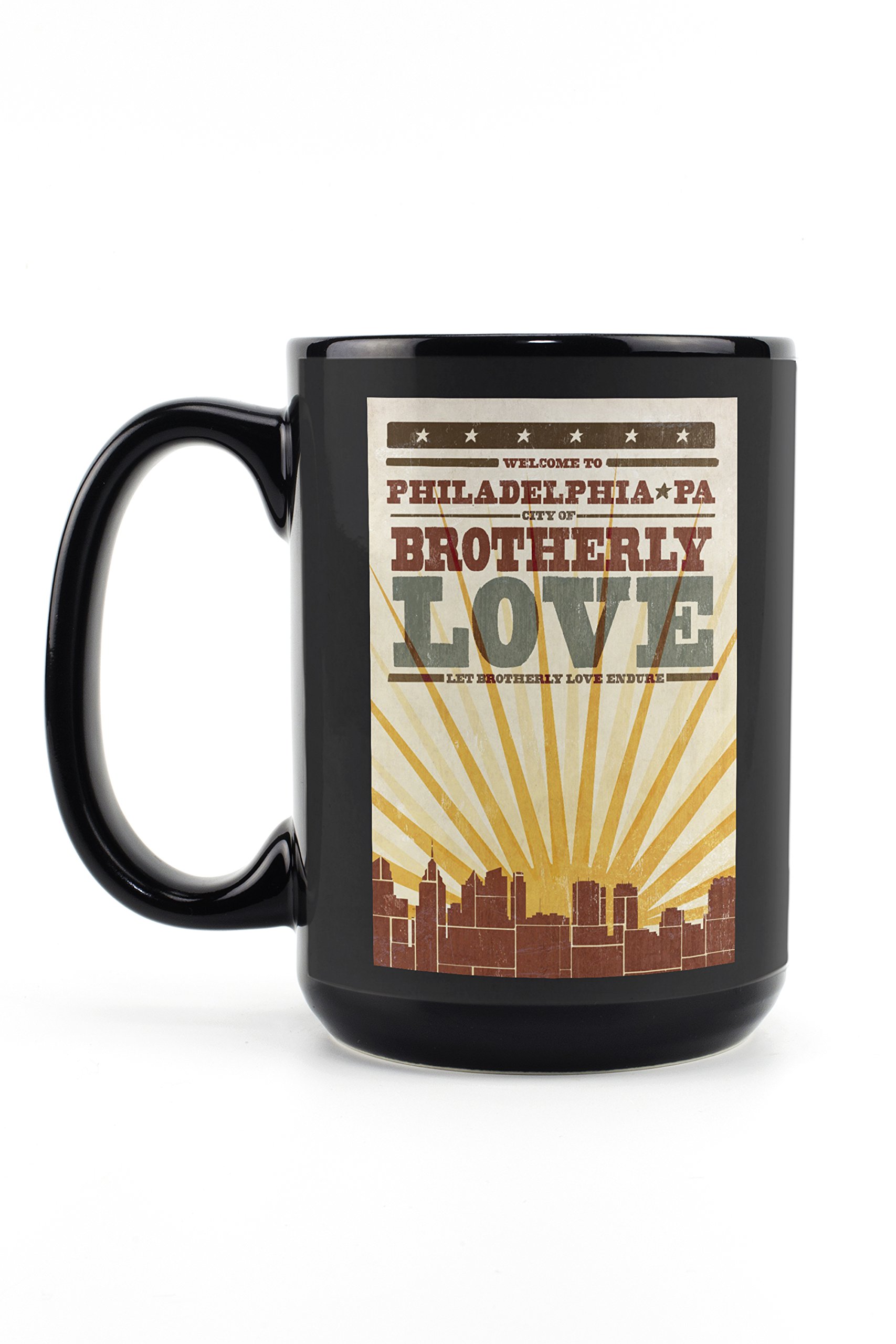 Lantern Press Philadelphia Pennsylvania Skyline Sunburst Screenprint Style 15oz Black Ceramic Coffee Mug - Microwave & Dishwasher Safe - Perfect for Office, Home & Gift Giving