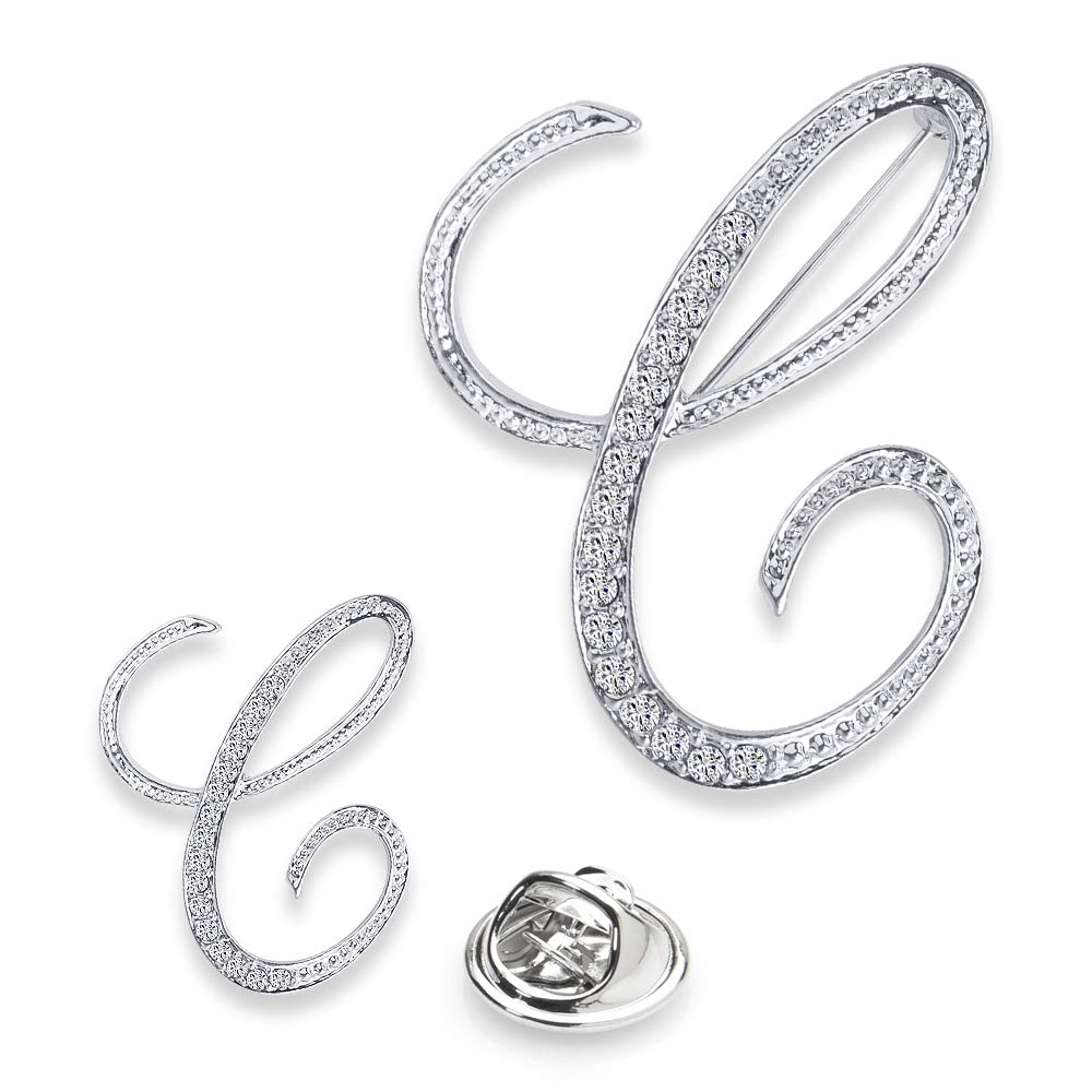 SINNKY Women's A-Z Letter Initial Brooch Pins - Silver Clear Crystal Rhinestone Breastpins for Gifts (2 Sizes/Pack) - Perfect for Stockings, Jackets, Hats & Accessories