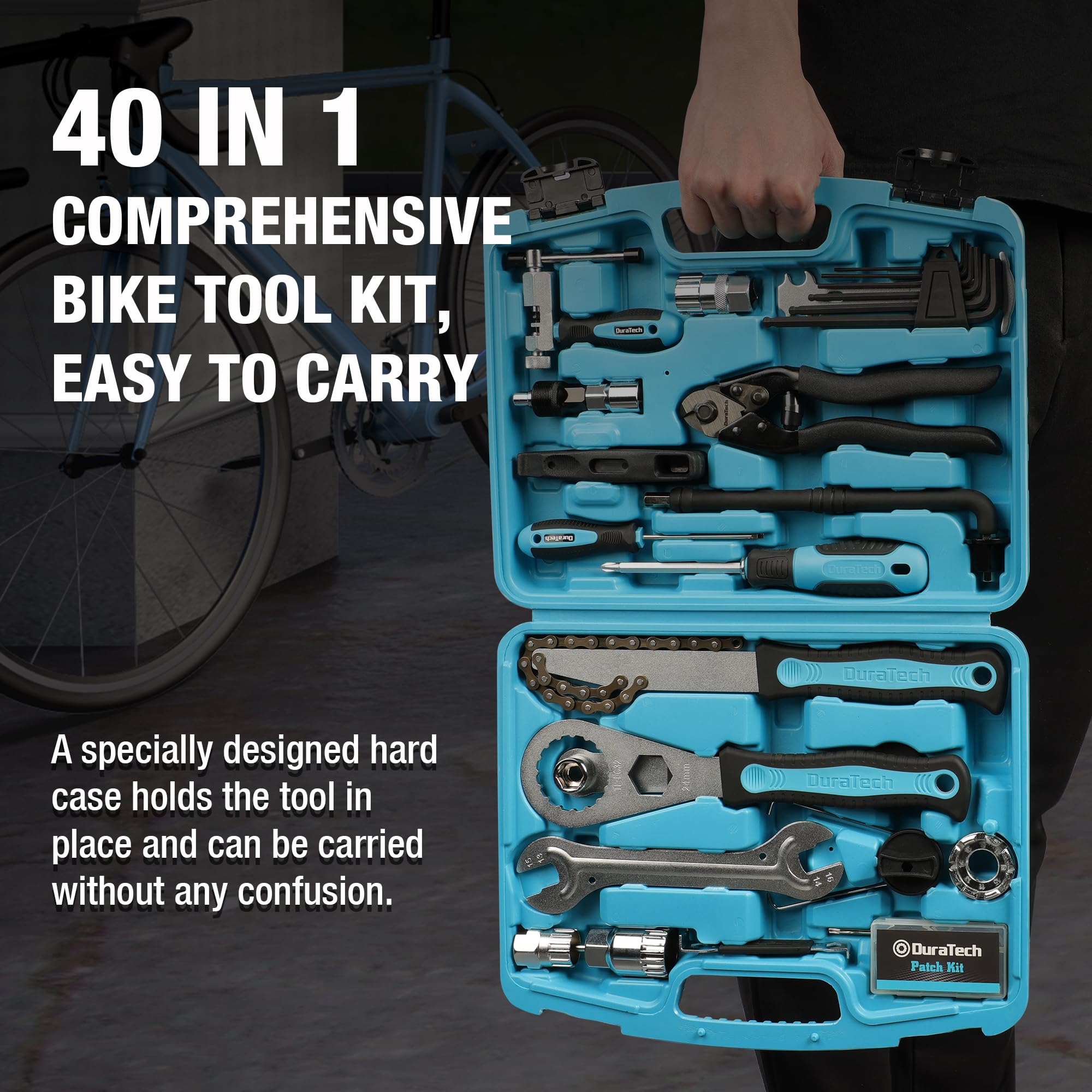 DURATECH Bike Repair Kit - 42-Piece Bicycle Tool Kit with Portable Carry Case for Tire, Brake, Chain & Pedal Maintenance - Essential Mountain & Road Bike Accessories - Perfect Gift for Cyclists (Men & Women) - Ideal for Trail Rides, Commuting & Home Bike Repairs