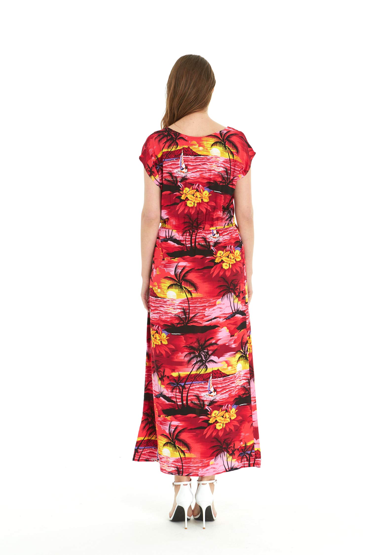 Women's Hawaiian Luau Cap Sleeve Maxi Dress - Floral Sunset Print Beach Party Dress for Summer Vacation, Poolside Wear & Tropical Getaways