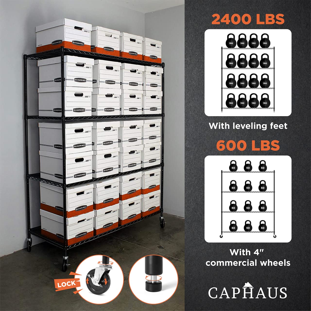 CAPHAUS 4-Tier Heavy Duty Adjustable Wire Shelving with Wheels & Leveling Feet - 48
