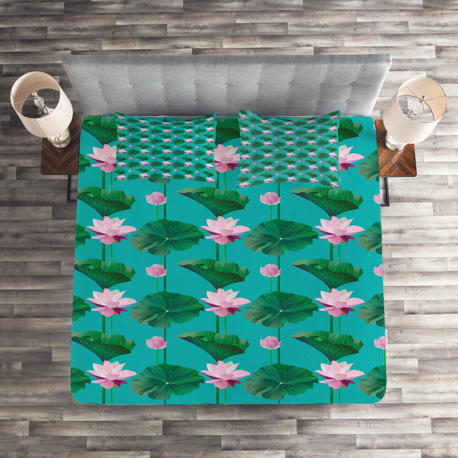 Ambesonne King Size 3-Piece Quilted Bedspread Set - Blue & Pink Lotus Flower Design with 2 Pillow Shams | Soft Decorative Coverlet for Master Bedroom, Guest Room & Dorm | Pale Green & Pink Floral Bedding