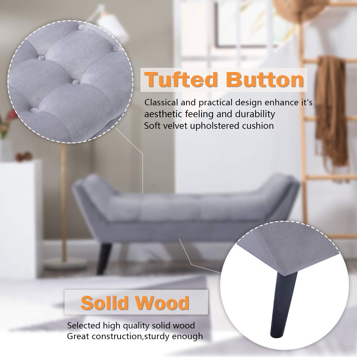Velvet Tufted Ottoman Bench with Storage - Light Gray Upholstered Bed Bench for Bedroom, Entryway, or Living Room - 2-Seater Footstool with Wooden Legs - Perfect for Extra Seating & Stylish Home Decor