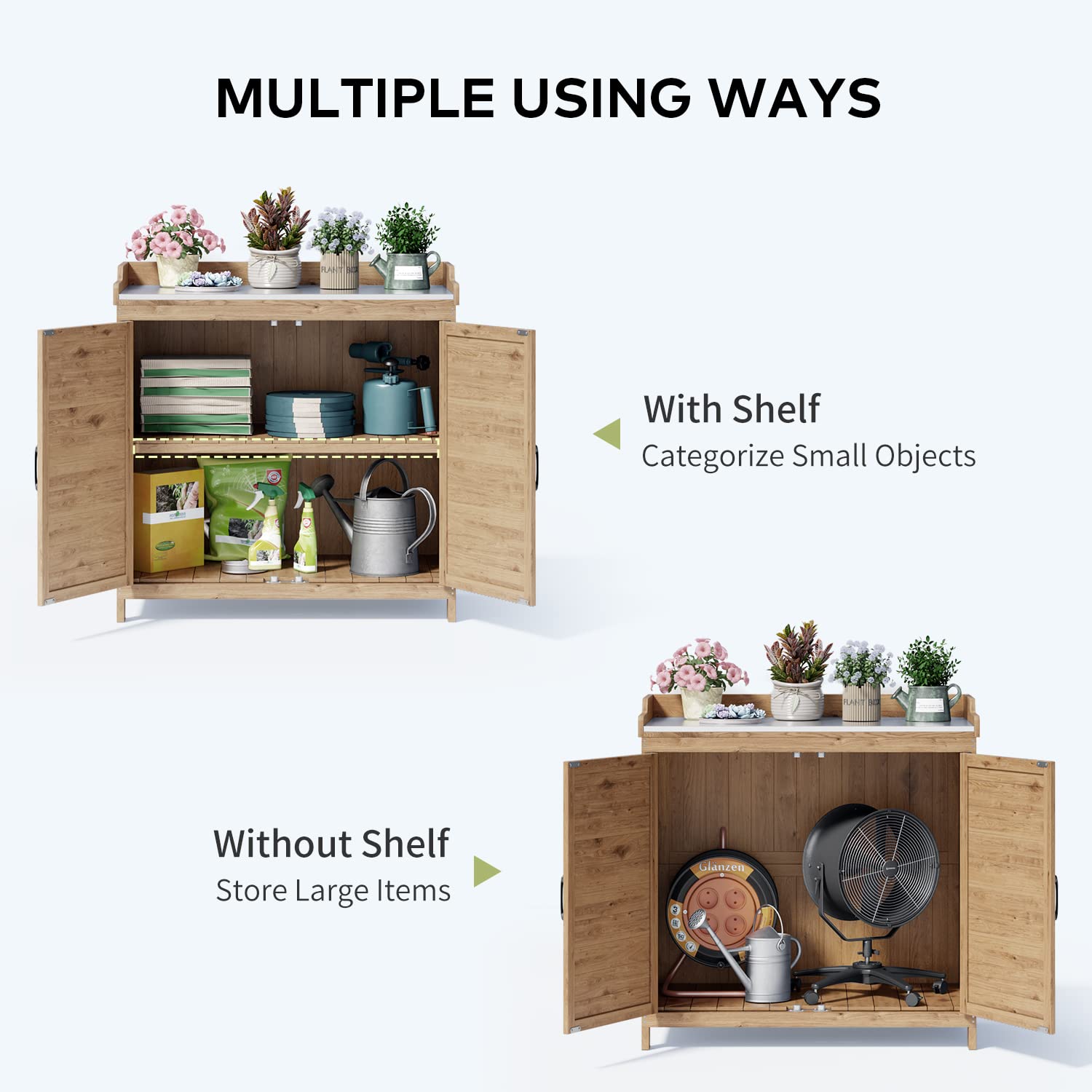 Gizoon Outdoor Potting Bench with Metal Tabletop & Adjustable Shelf - Wooden Garden Storage Cabinet with Double Doors - Perfect for Backyard, Patio, Lawn Gardening & DIY Projects - Natural Finish