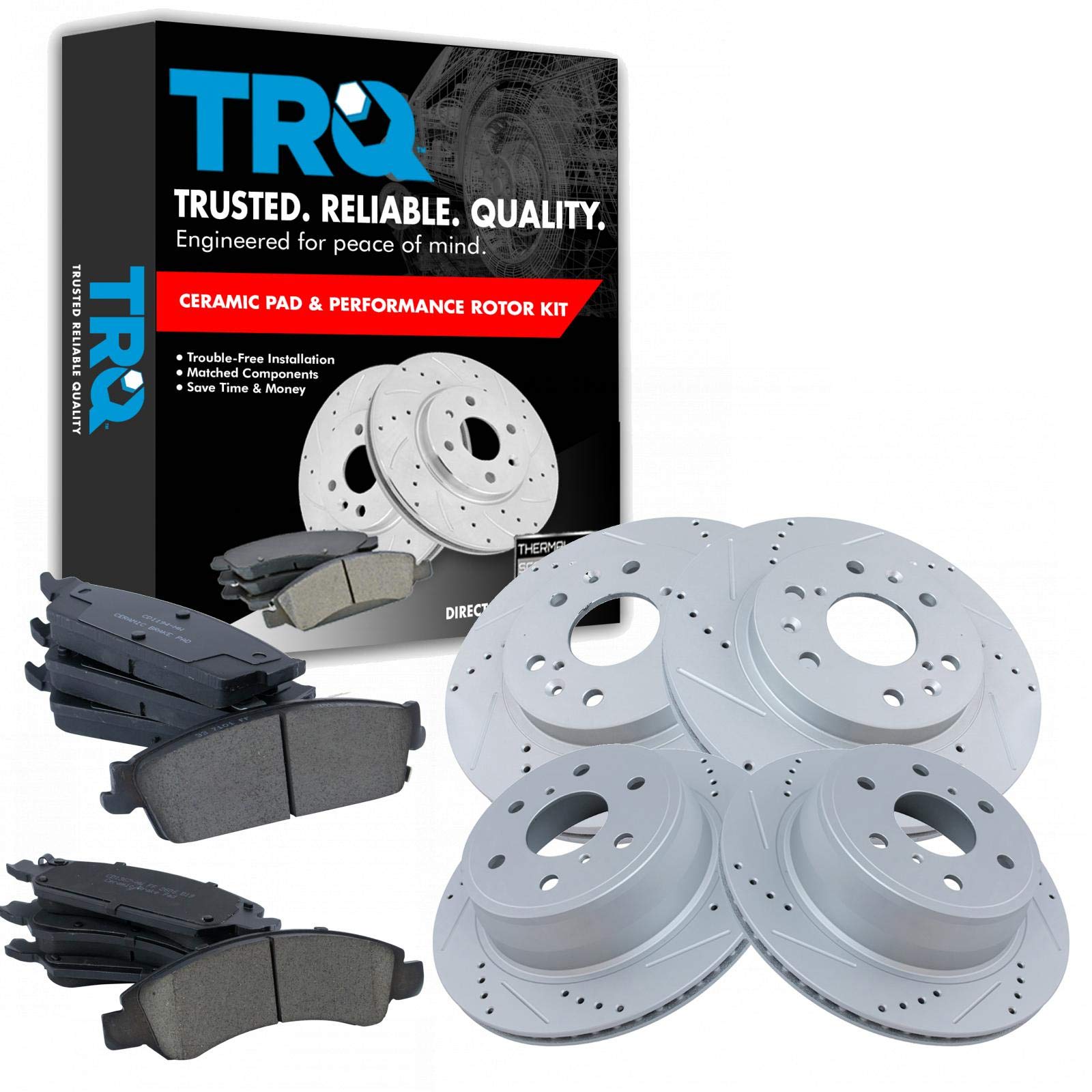 TRQ Front & Rear Performance Drilled & Slotted Brake Rotors & Posi-Quiet Ceramic Brake Pads Kit - High-Performance Braking for Cars, Trucks & SUVs - Perfect for Racing, Towing & Daily Driving