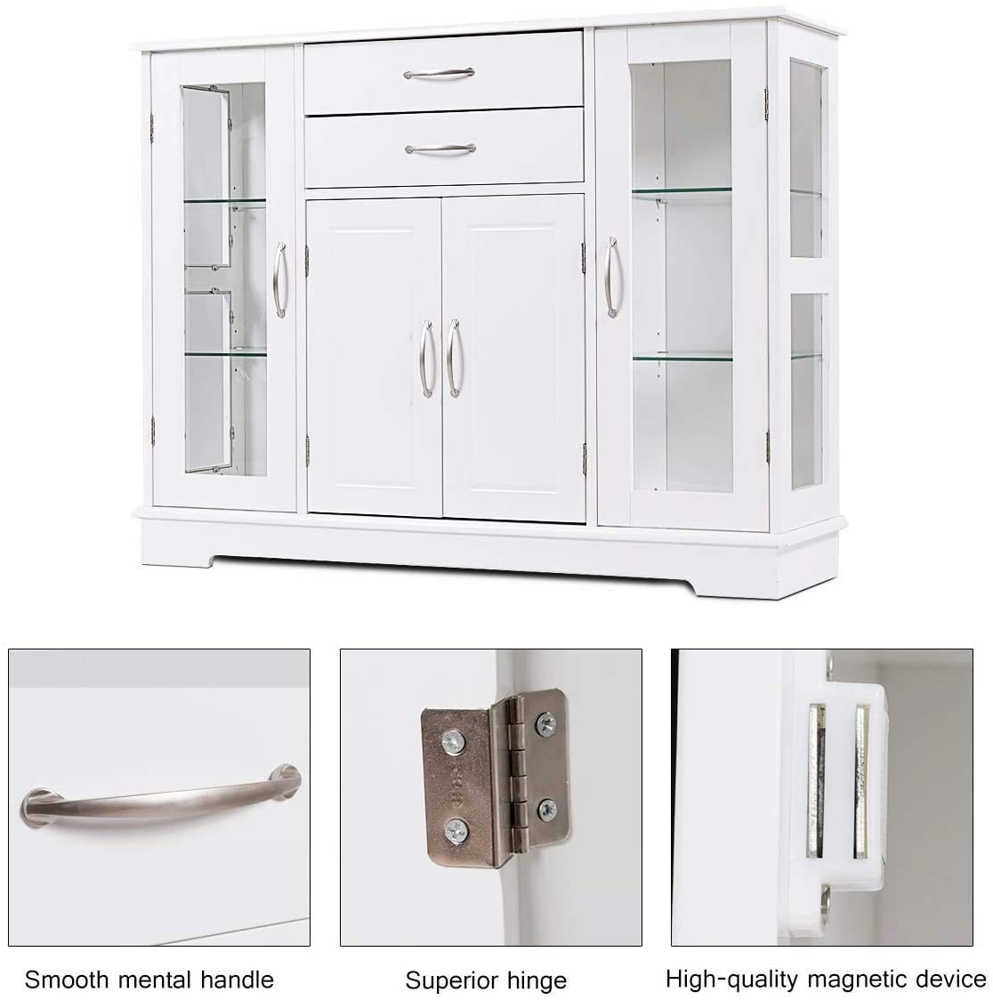 Moccha White Sideboard Buffet Cabinet with Adjustable Shelves & 2 Drawers - Kitchen Storage Cupboard with Glass Door for Dining Room, Living Room, Hallway - Perfect for Entertaining Guests & Organizing Dishes