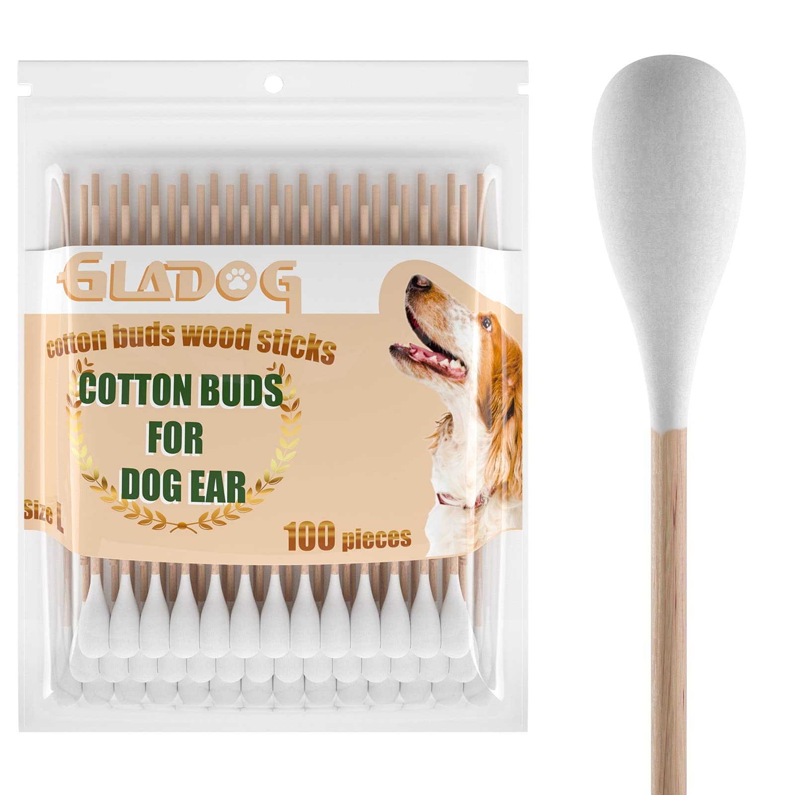 GLADOG 6 Inch Professional Large Cotton Swabs for Dogs - Extra Long Wooden Handle Pet Ear Cleaning Sticks - Safe & Gentle Dog Grooming Supplies for Ears, Eyes & Nose Care - Perfect for Home Pet Cleaning & Veterinary Use