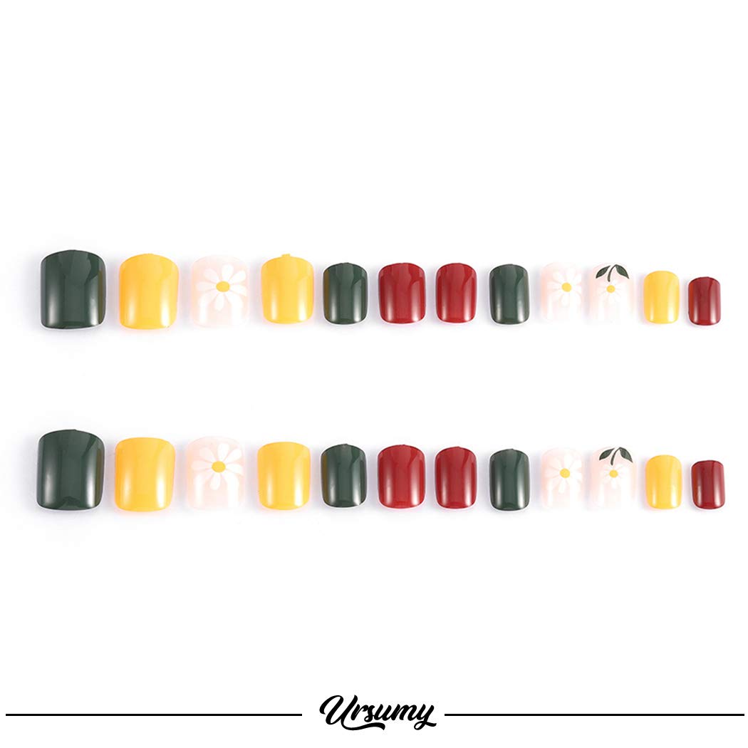 Ursumy Green Daisy Acrylic Press on Nails - 24Pcs Square False Nails with Flower Design, Full Cover Nail Tips for Women & Girls | Perfect for Parties, Weddings & Everyday Wear