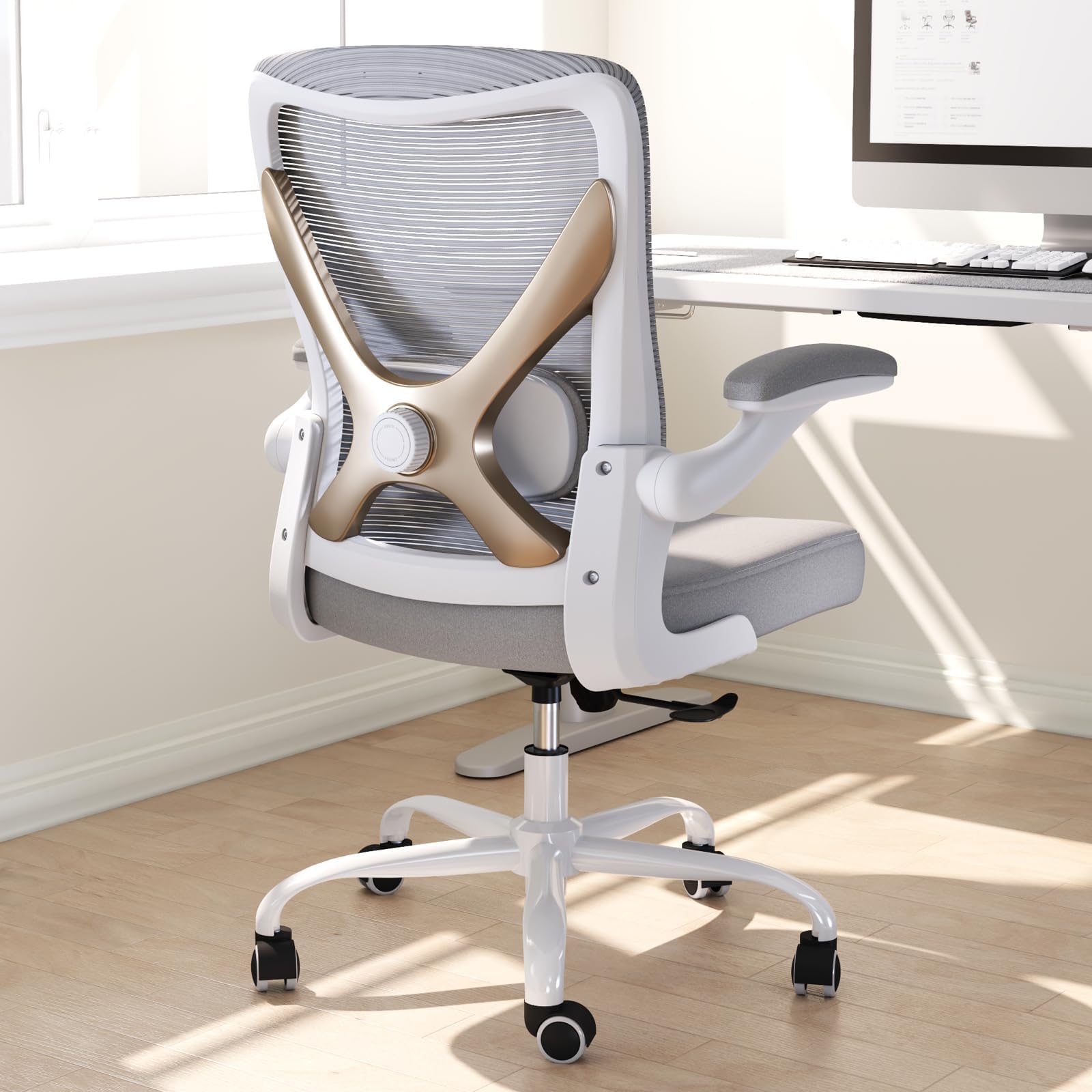 Ergonomic Office Chair with Adjustable Lumbar Support - Home Computer Desk Chair for Work, Gaming & Study - Comfortable Supportive Task Chair for Adults (Grey Gold) - Perfect for Home Office, Remote Work & Long Hours Sitting