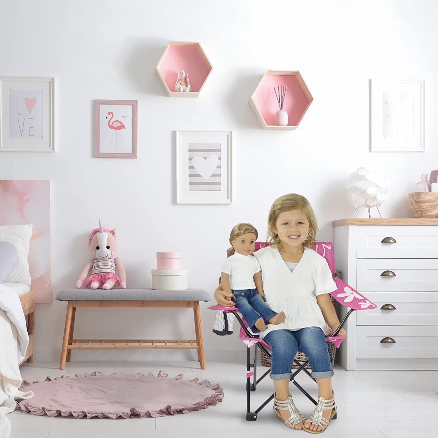 Emily Rose Kids Folding Chair with Safety Lock - Portable Pink Beach Chair for Girls & Toddlers with Cup Holder & Carry Bag - Perfect for Camping, Travel, Beach, Picnic, Tailgate, Indoor & Outdoor Use