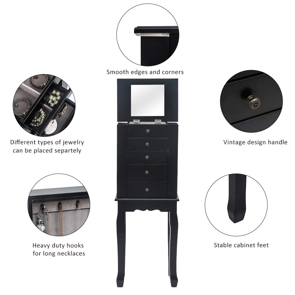GT4-LY Standing Jewelry Armoire with Mirror - 5 Drawers & 6 Necklace Hooks, Jewelry Storage Cabinet with Top Organizer & 2 Swing Doors (Black) | Perfect for Bedroom, Dressing Room & Closet Organization
