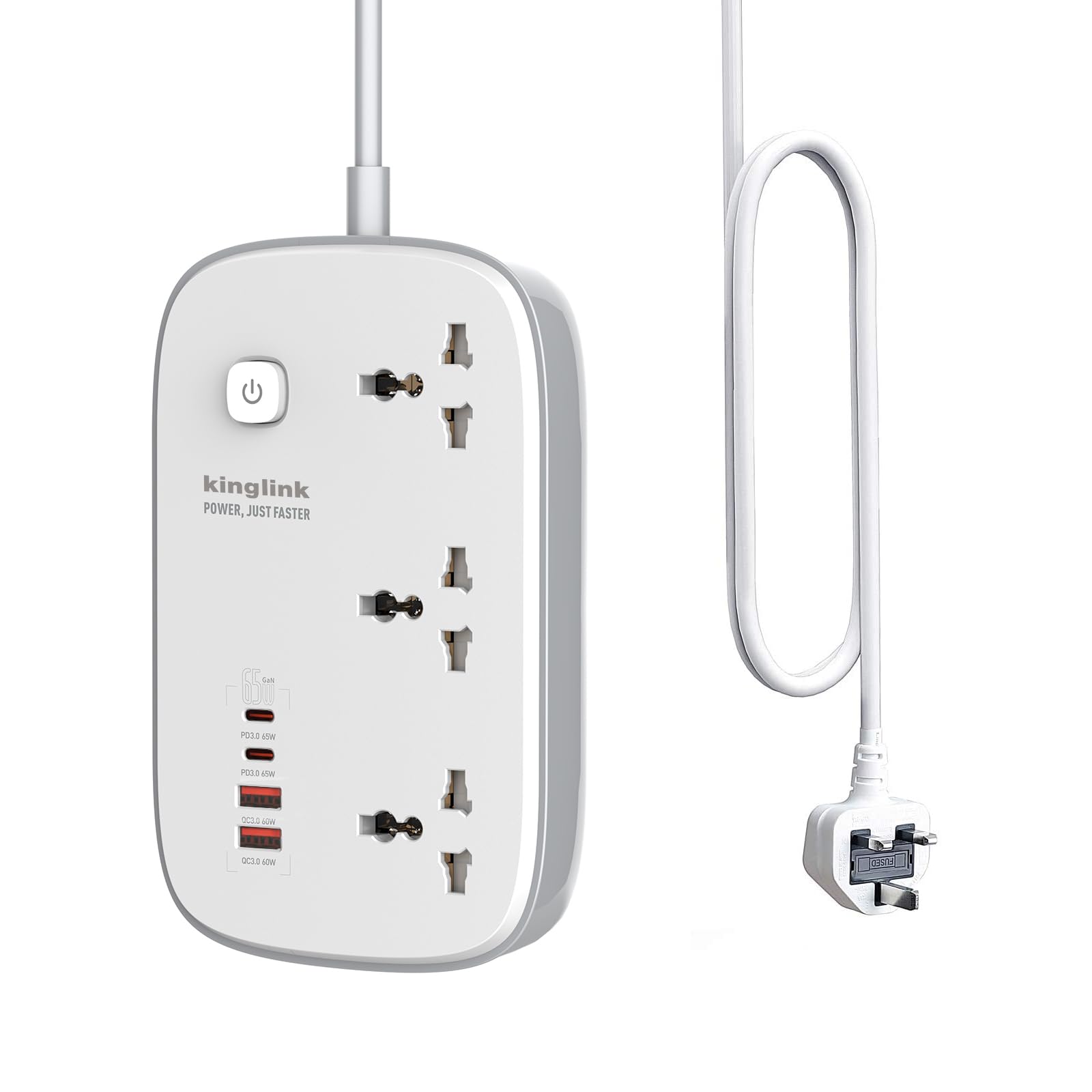 65W GaN USB C Power Strip with 3 Outlets & USB Slots, Surge Protector Extension Cord (2M) for Home Office - Charge Laptop, Phone & Devices - White | Ideal for Workstations, Bedrooms & Travel