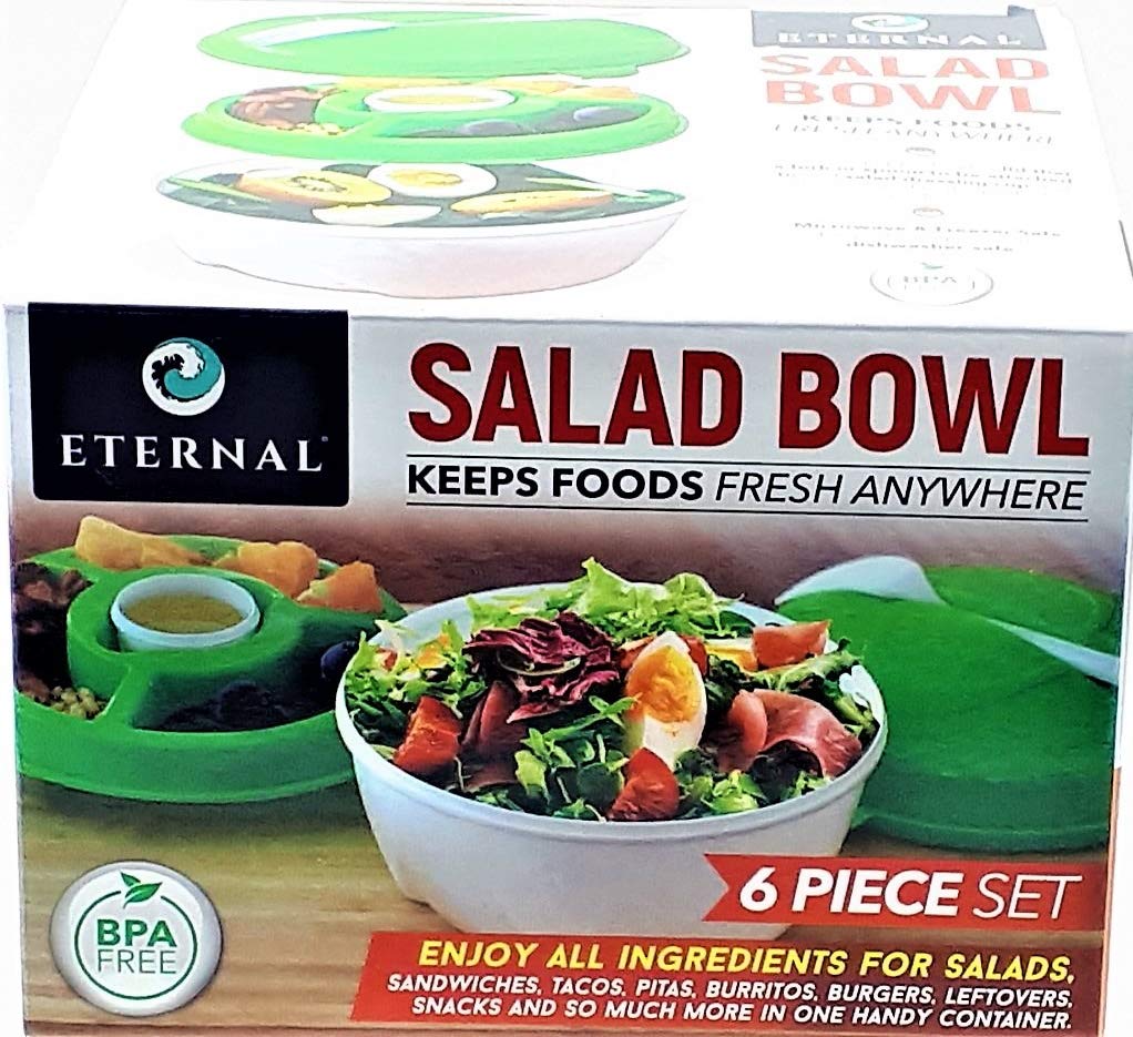Eternal Healthy Eating Salad Bowl & Lunch Box Set - 6 Piece BPA-Free, Leak-Proof Containers with Fork - Large Green Containers for Office Lunch, Meal Prep & Picnics