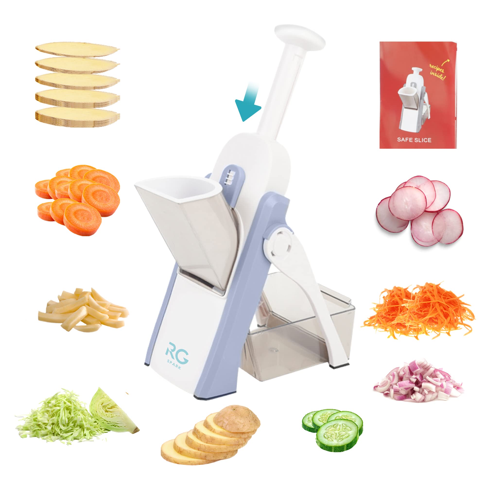 5-in-1 Mandoline Slicer for Kitchen - Safe Vegetable Chopper, Potato Onion Avocado Cutter, Julienne Veggie Slicer, Blue Kitchen Gadget for Meal Prep & Healthy Cooking