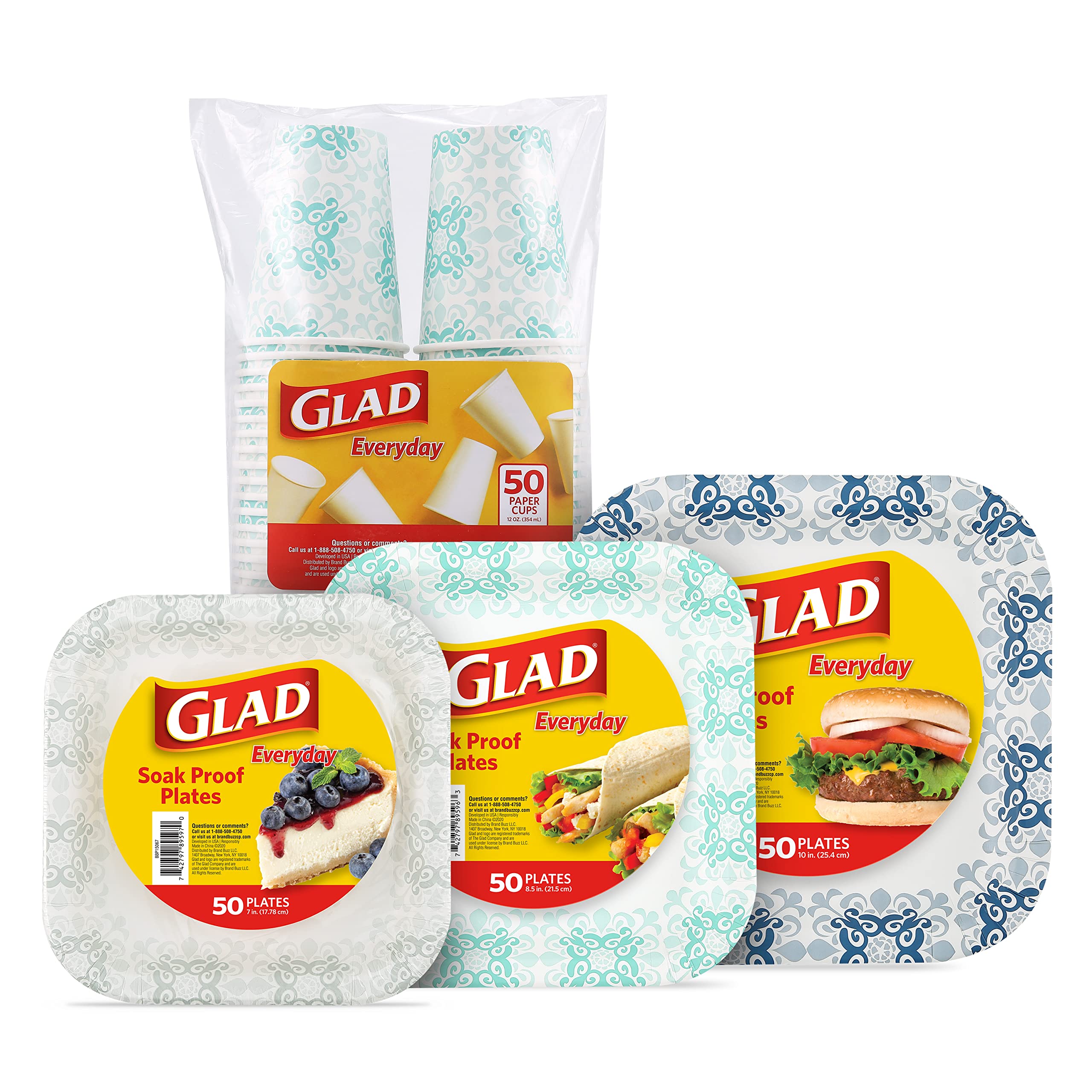 Glad Printed Disposable Paper Plates and Cups Set - 50 Count Heavy Duty Square Plates & Victorian Design Cups for Parties, Picnics, BBQs, and Events | Eco-Friendly Disposable Tableware