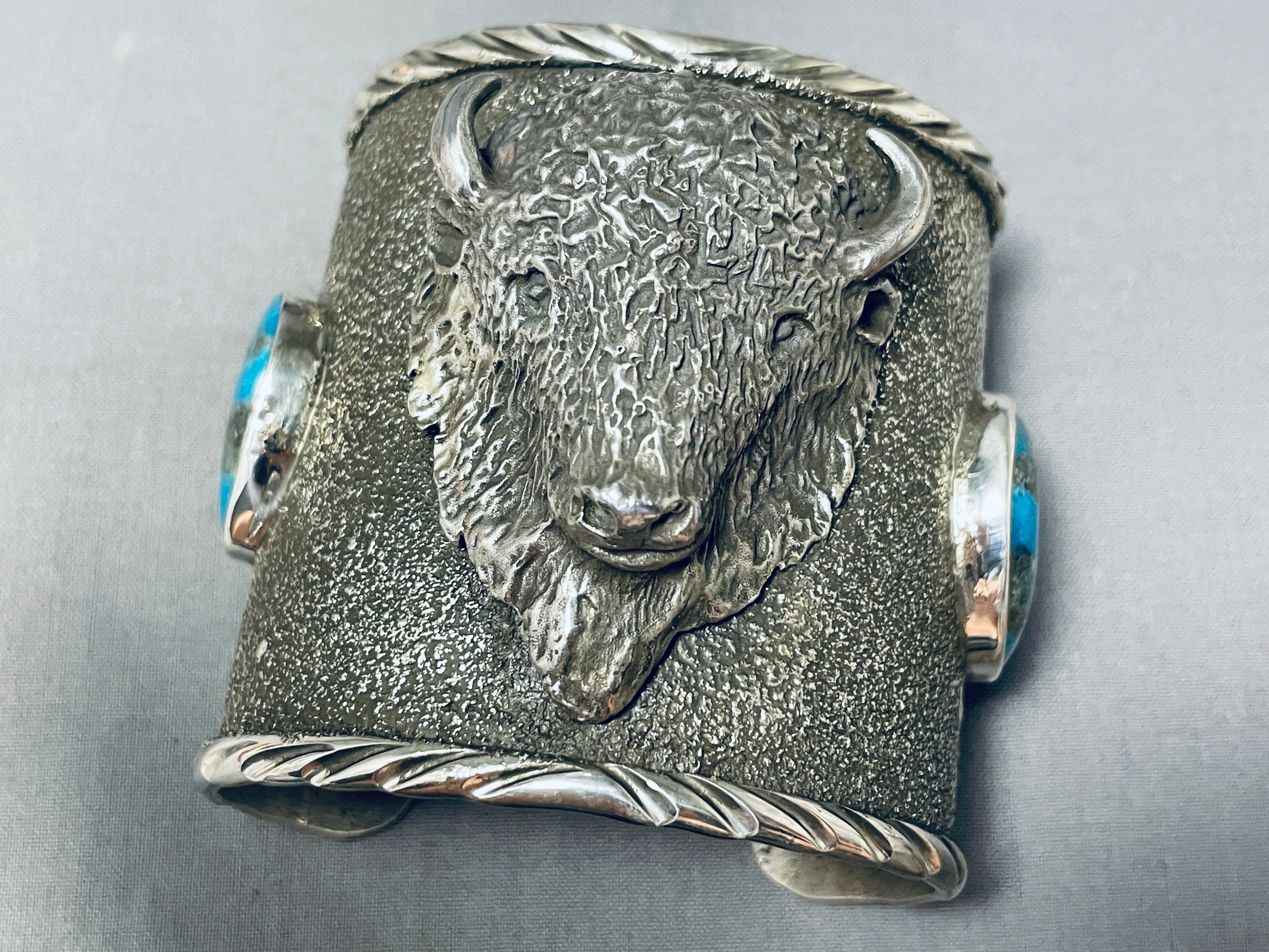 176 Gram Bison Native American Turquoise Sterling Silver Wide Cuff Bracelet - Handmade Jewelry for Women, Boho Chic Accessories, Gift for Her, Perfect for Festivals & Special Occasions