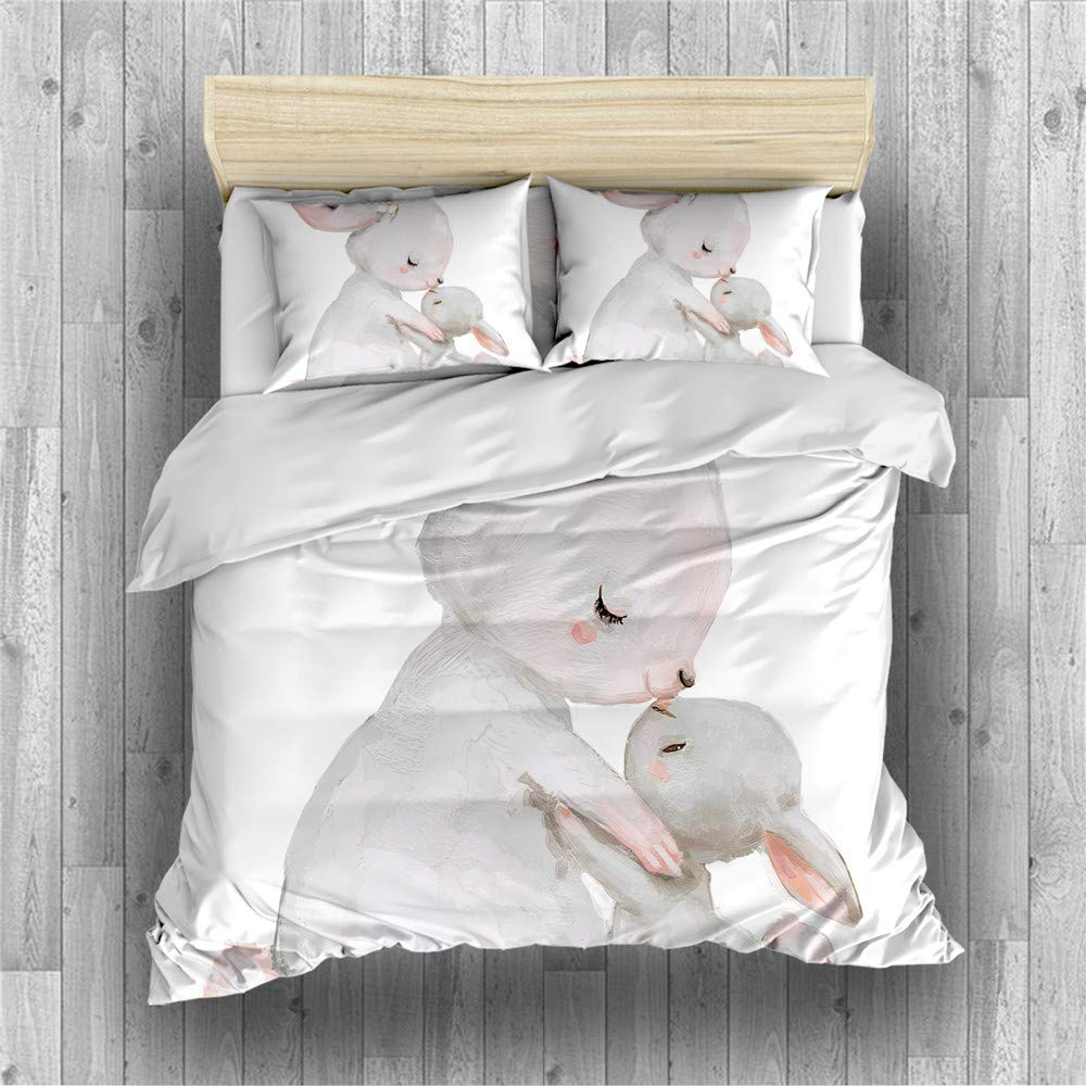 Cute Pink Bunny Wild Animals Duvet Cover Set - Twin/Full/Queen/King Size Bedding (3/4 Pieces) for Cozy Bedroom Decor | Includes Duvet Cover + Pillow Shams/Sheet | Perfect for Kids' Rooms, Nursery, or Animal-Themed Bedrooms (FULL-4PCS)