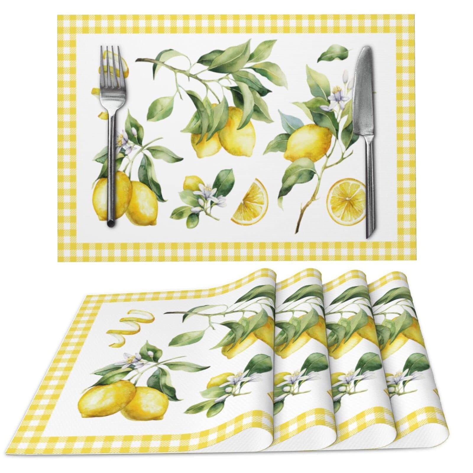 Premium Lemon Print Woven Fabric Placemats - Set of 4 Rectangle Table Mats for Dining Room Decor | Waterproof & Washable | Perfect for Everyday Meals, Dinner Parties, and Holiday Gatherings