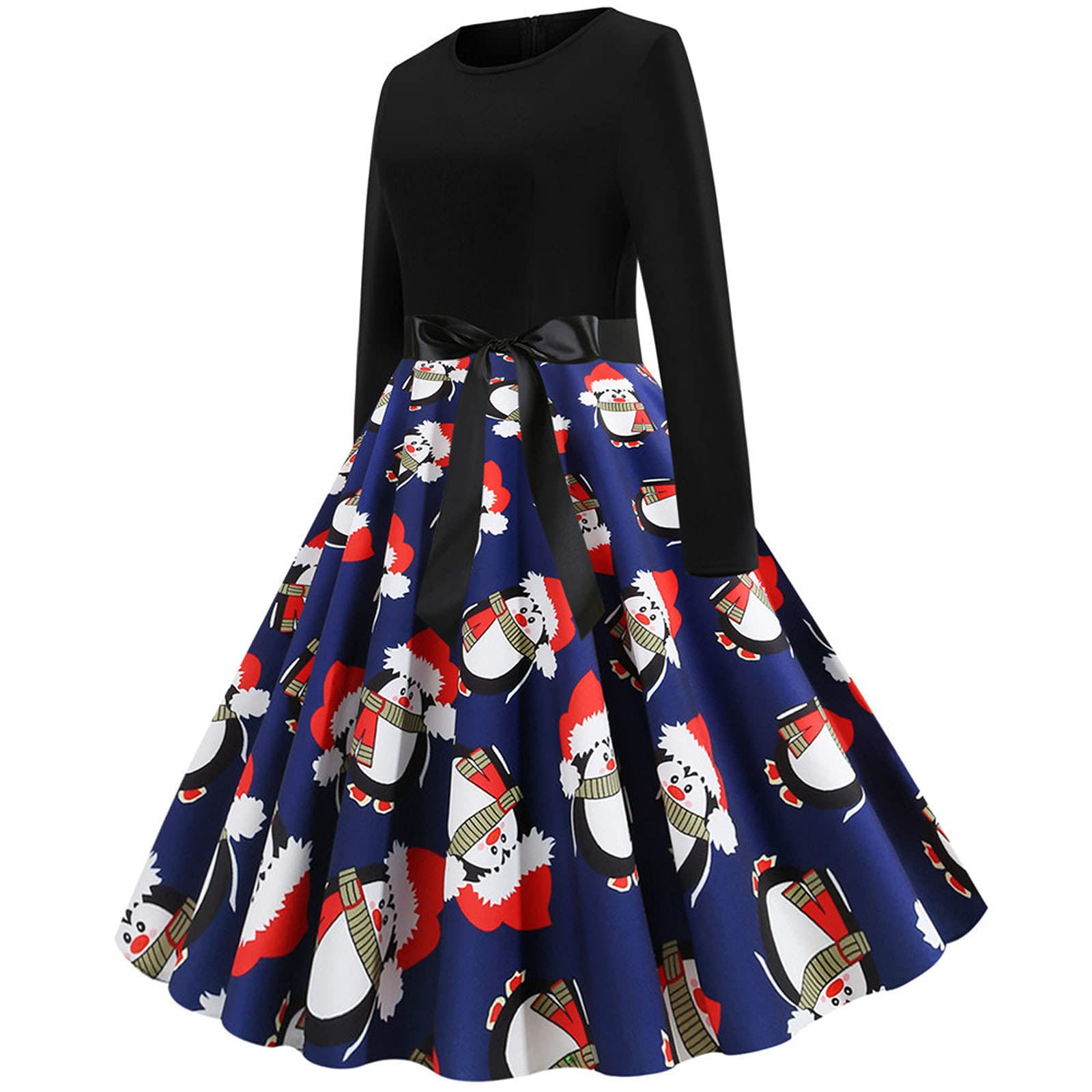 Elegant Women's Christmas Wedding Guest Dress - Long Sleeve Vintage Cocktail Dress for Prom, Tea Party & Holiday Events | Funny Printed Midi Dress for Festive Occasions & Special Celebrations