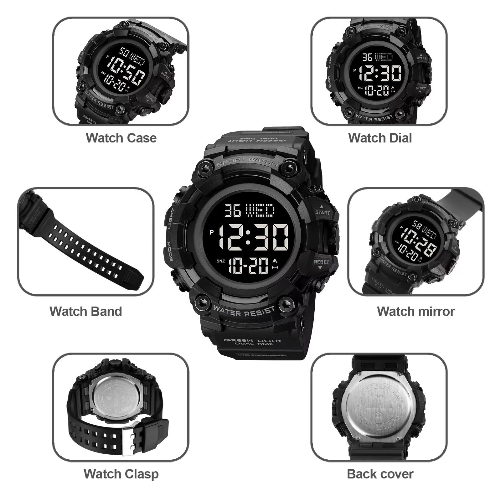 Gosasa Men's Sports Watch - Waterproof Digital LED Watch with Stopwatch, Countdown Timer, 12/24 Hour Display - Perfect for Running, Gym Workouts & Outdoor Activities