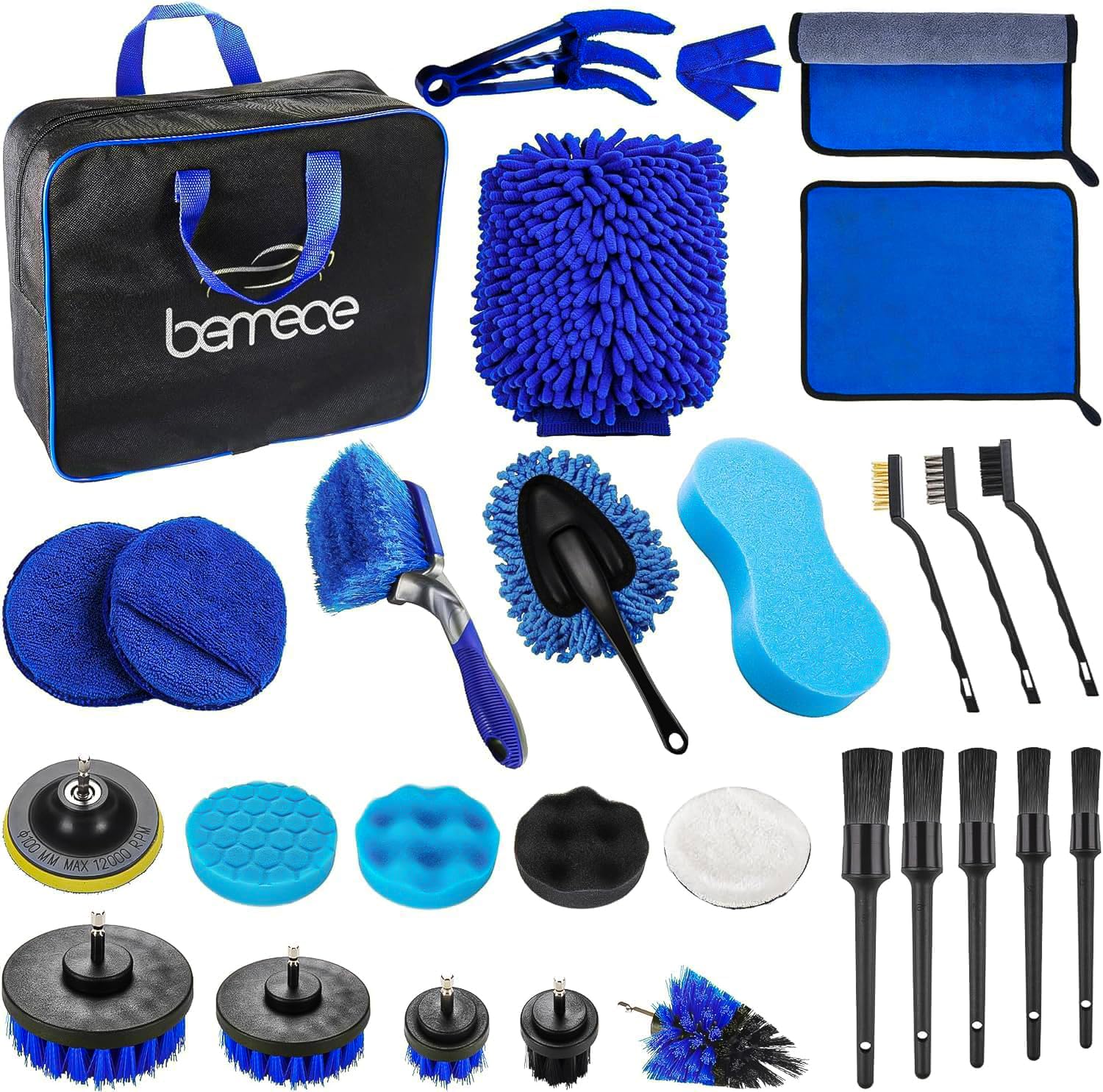 Bemece 29 Pieces Car Detailing Kit - Ultimate Auto Detailing Drill Brush Set for Wheels, Interior, Exterior, Leather, Dashboard & Vents - Perfect for Car Wash & Deep Cleaning at Home or Professional Use