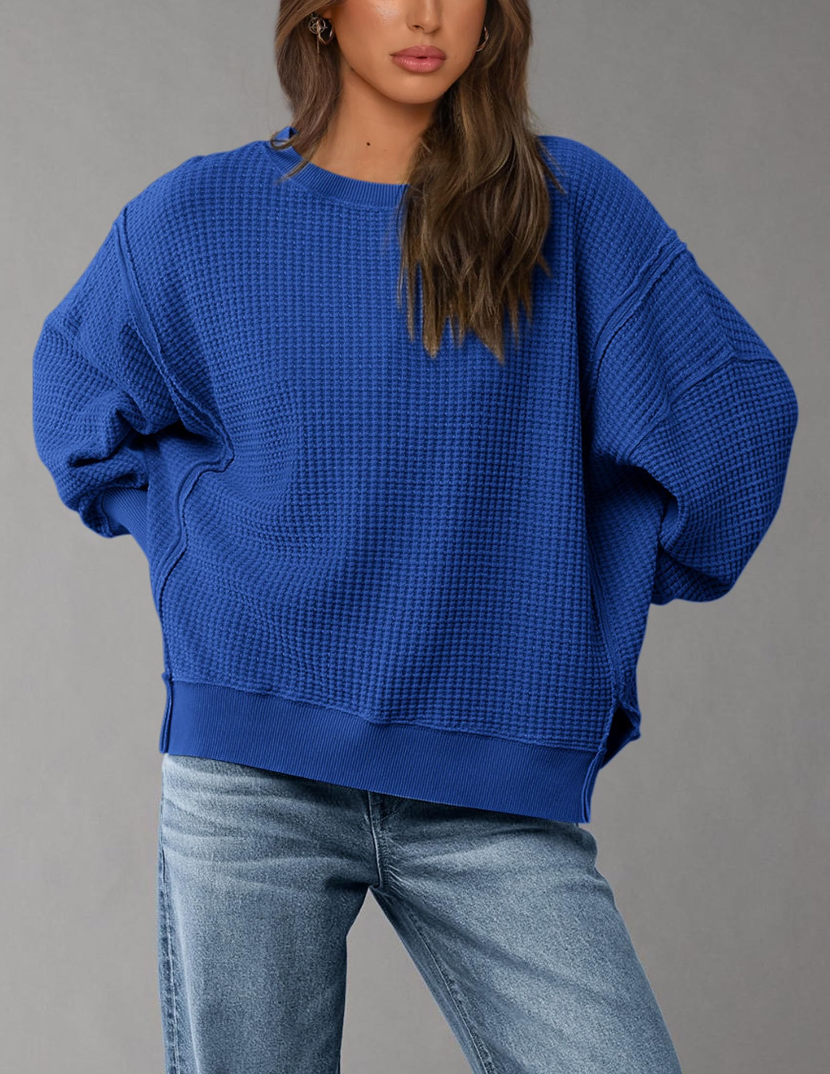 PRETTYGARDEN Women's Oversized Crewneck Sweatshirt - Soft Waffle Knit Long Sleeve Pullover Top for Fall & Spring | Casual Loungewear, Streetwear Fashion