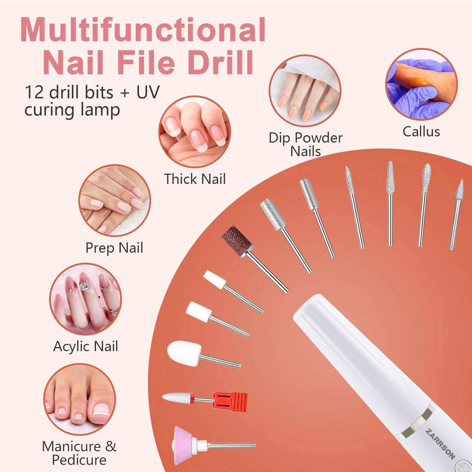 Professional Rechargeable Cordless Electric Nail Drill Kit - Acrylic Nail File & Buffer Set with Drill Bits & Sanding Bands | Perfect for Home Manicures & Salon Nail Art (White)