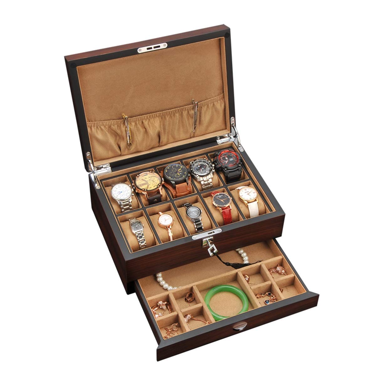 Premium 10-Slot Watch Box for Men - Luxury Valet Watch Case with Jewelry Organizer | Perfect for Watch Collectors & Gift Giving | Durable Storage for Rolex, Omega & Luxury Watches (Color A)