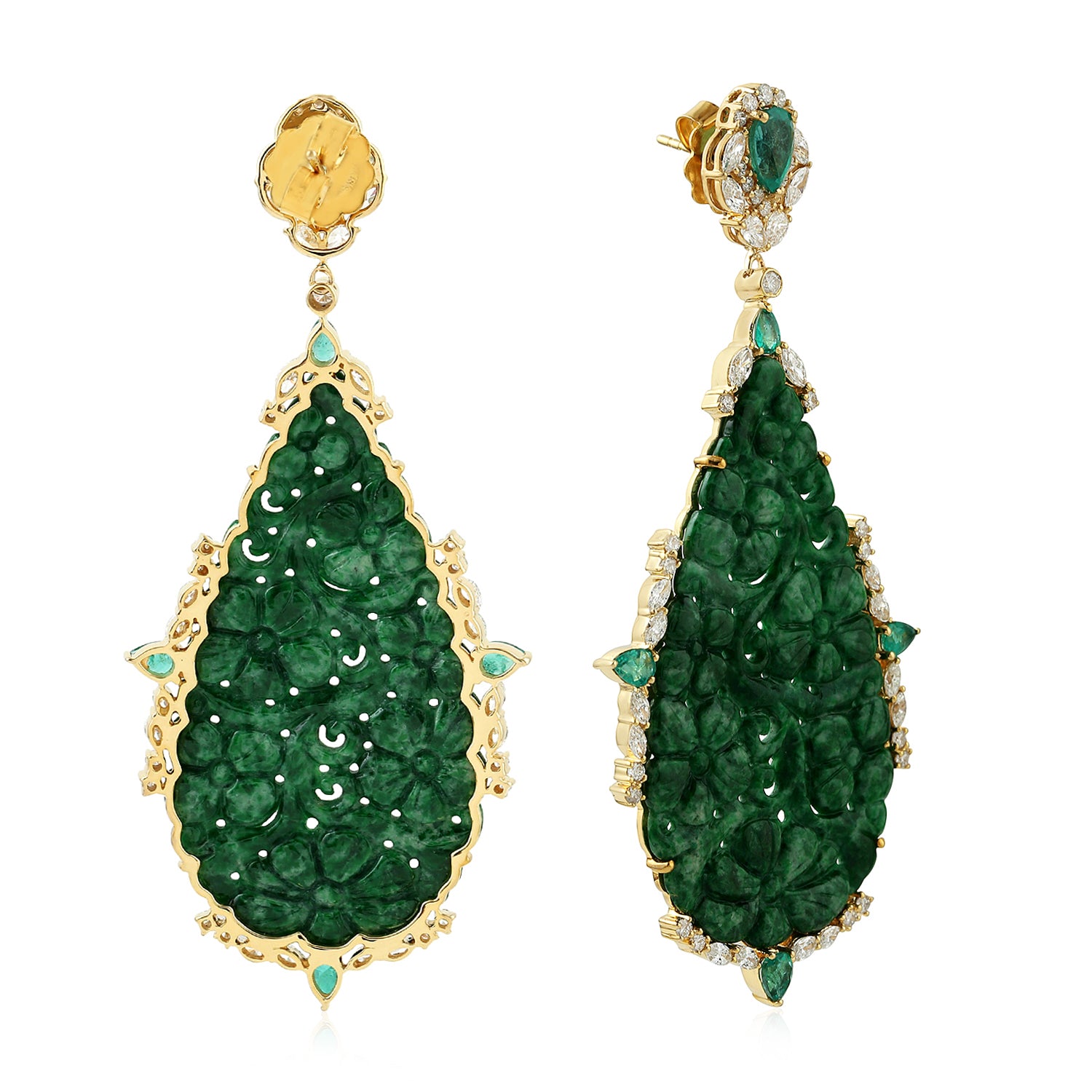 Exquisite 18K Yellow Gold Floral Carved Jade Pear Emerald Marquise Diamond Dangle Earrings - Perfect for Weddings, Parties & Special Occasions
