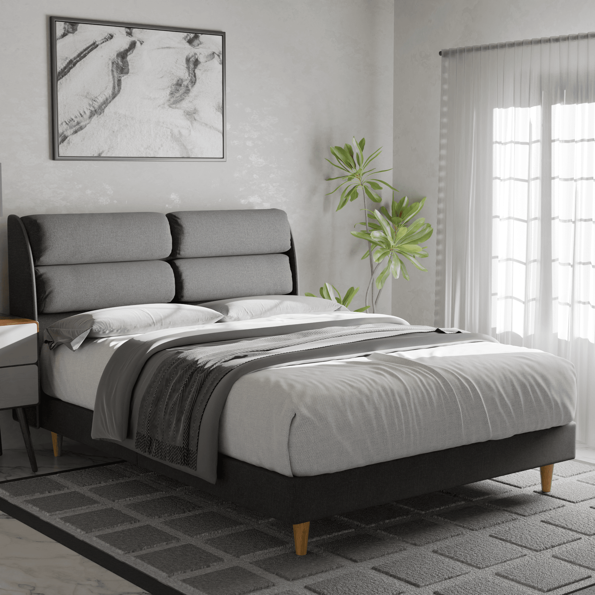 Fobbee Waterproof Fabric Bed Frame - Queen Size Platform Bed with Sturdy Metal Legs, Easy Assembly, No Box Spring Needed - Perfect for Bedrooms, Dorms, and Guest Rooms
