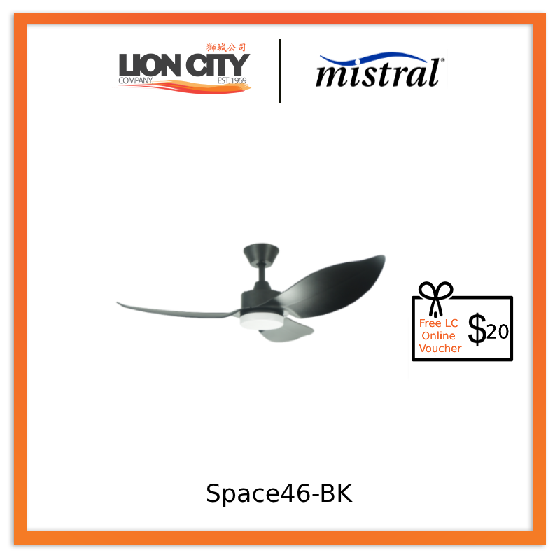 D'FAN SPACE46 BK 46 Inch Black Ceiling Fan with LED Light - Modern Indoor Cooling Fan for Bedroom, Living Room, and Office (Installation Not Included)