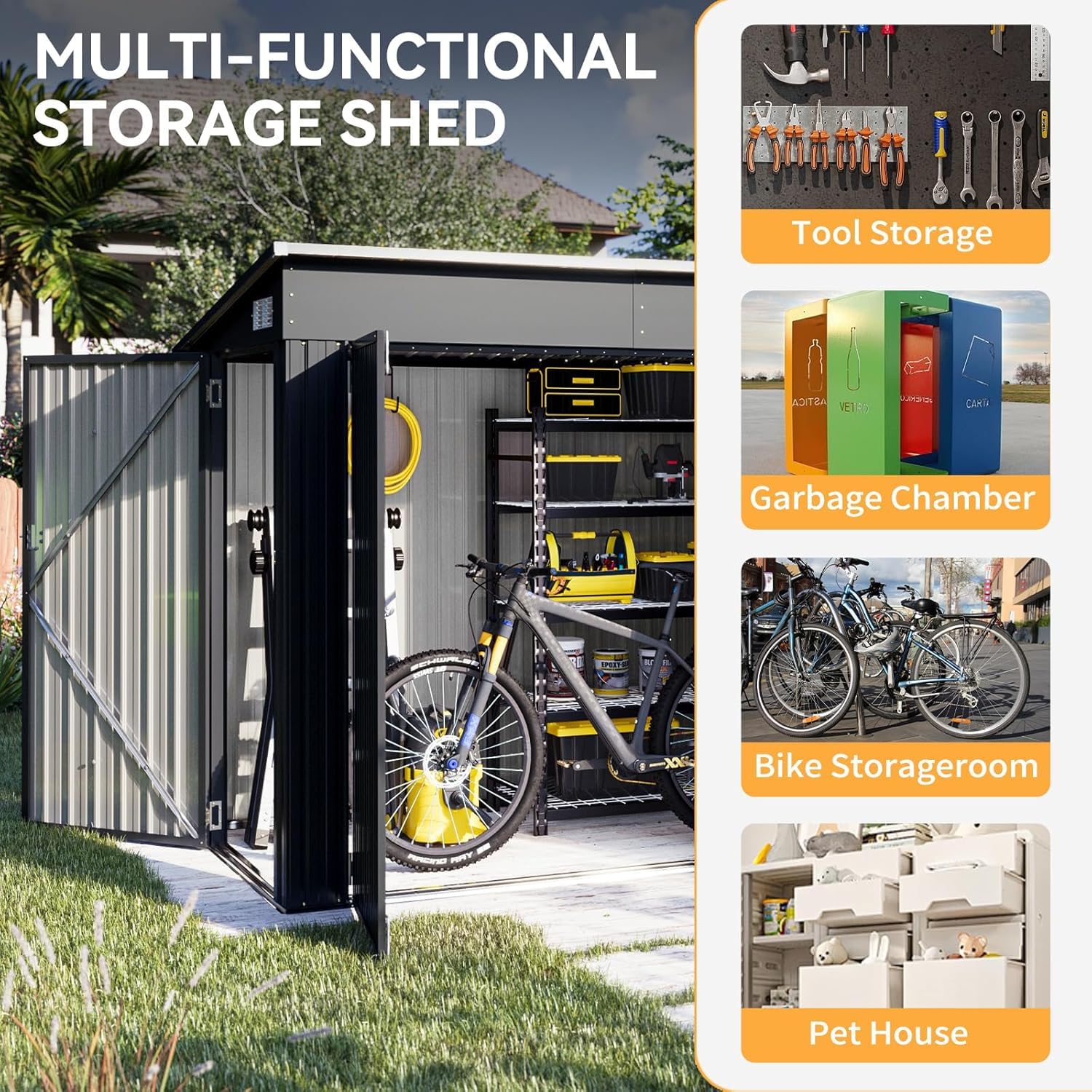 Aoxun 4' x 8' Outdoor Metal Storage Shed with Triple Lockable Doors & Sloping Roof - Heavy Duty Garden Shed for Tools, Bicycles, Lawn Equipment - Perfect for Backyard, Patio, Courtyard, and Garage Storage Solutions