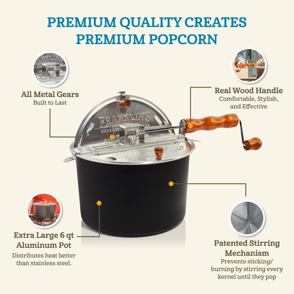 Franklin's Gourmet Popcorn Kit - Stovepop Popcorn Maker with 28oz Classic Kernels, 19oz Butter Salt & 30oz Coconut Oil - Perfect for Movie Nights, Parties & Family Snacking