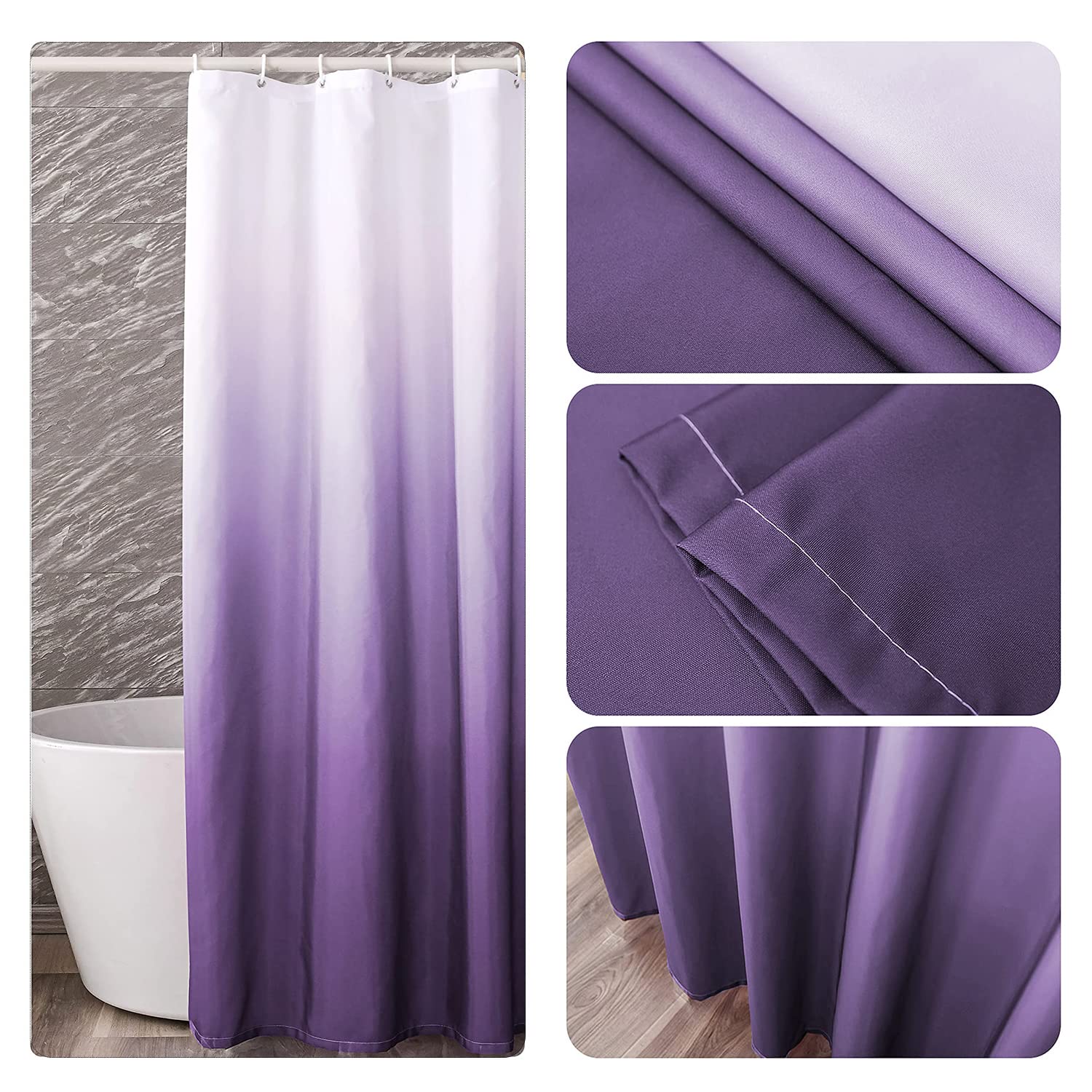 YI & ZE Ombre Dark Purple Shower Curtain Set - Waterproof Polyester Fabric Bathroom Decor with 12 Hooks (36x72 Inches) - Perfect for Modern Bathrooms & Spa-Like Showers