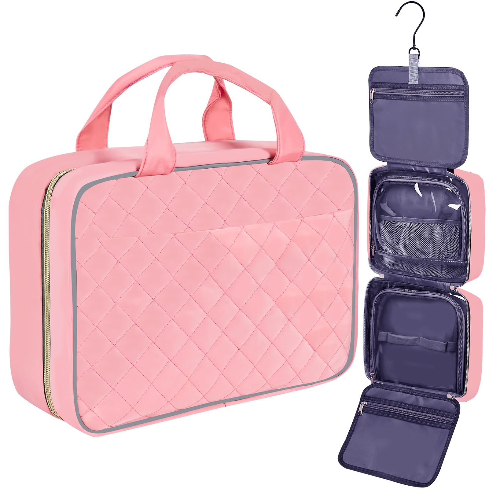 Hanging Travel Toiletry Bag for Women - Pink Cosmetic Organizer with Full-Sized Toiletry Storage | Perfect for Makeup, Skincare & Accessories on Vacation, Business Trips & Gym Use