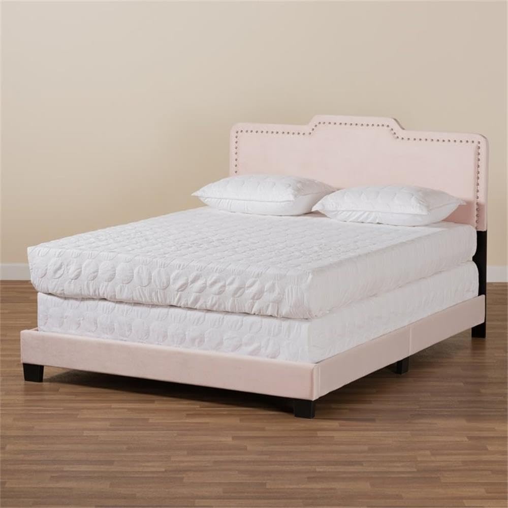 BOWERY HILL Light Pink Upholstered Queen Size Panel Bed Frame with Upholstered Headboard - Elegant Bedroom Furniture for Master Bedroom, Guest Room & Apartment